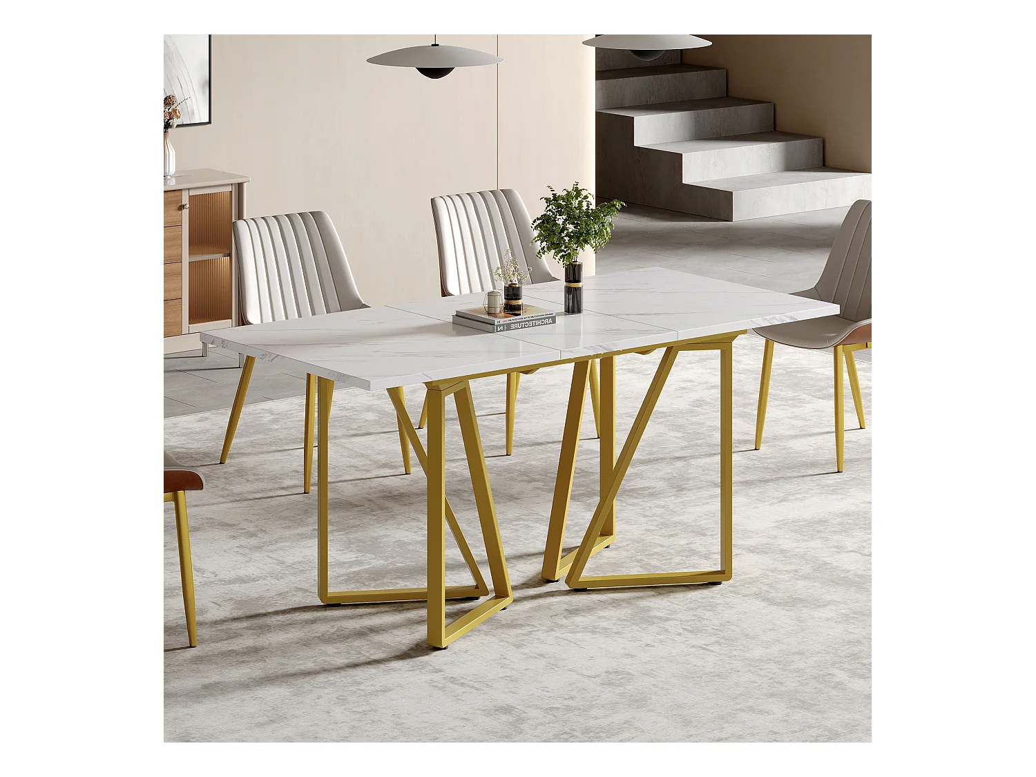 Table à manger extensible - 160 x 73 x 74 cm - avec pieds réglables - MDF + Métal - blanc + or