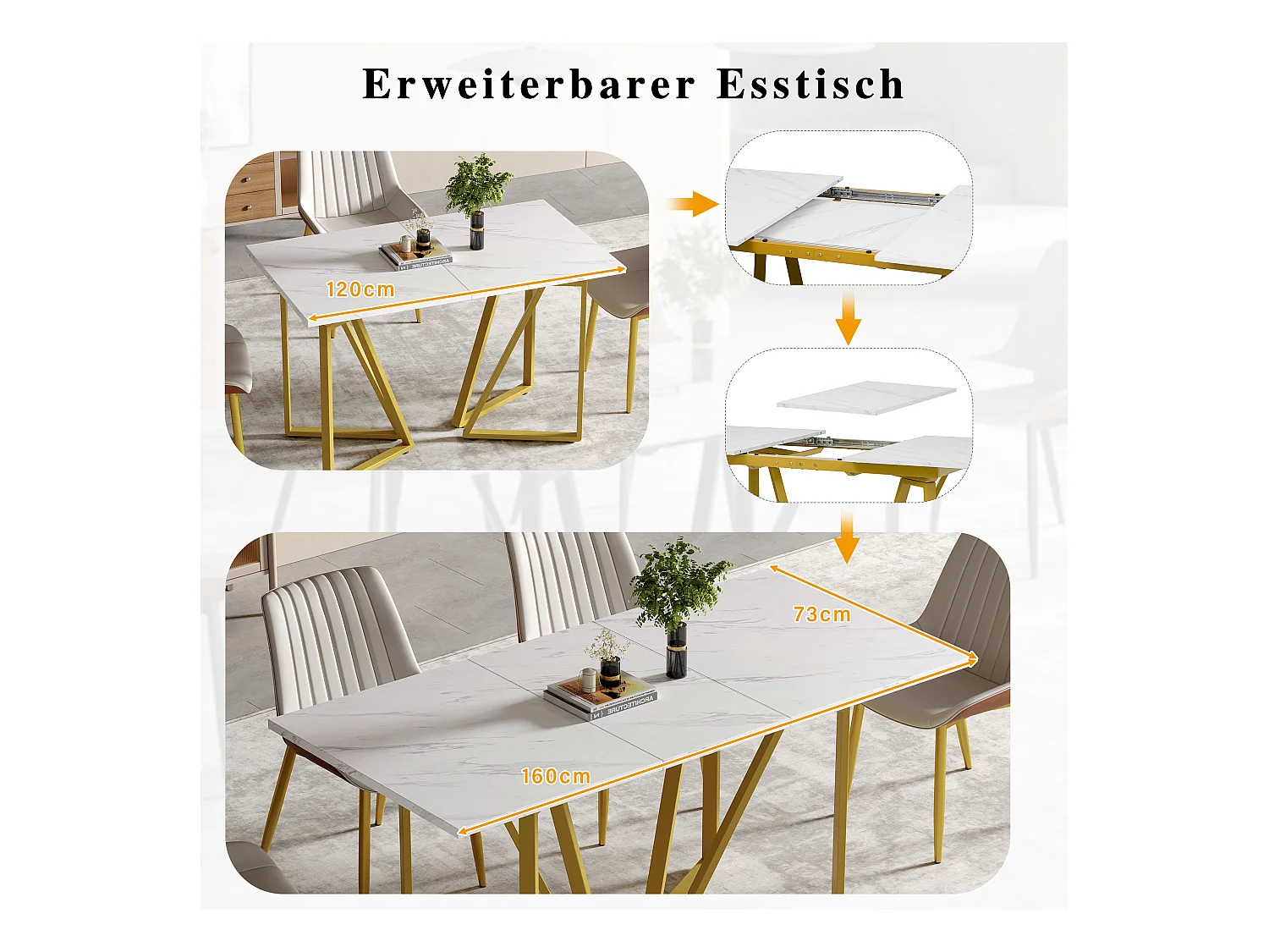 Table à manger extensible - 160 x 73 x 74 cm - avec pieds réglables - MDF + Métal - blanc + or