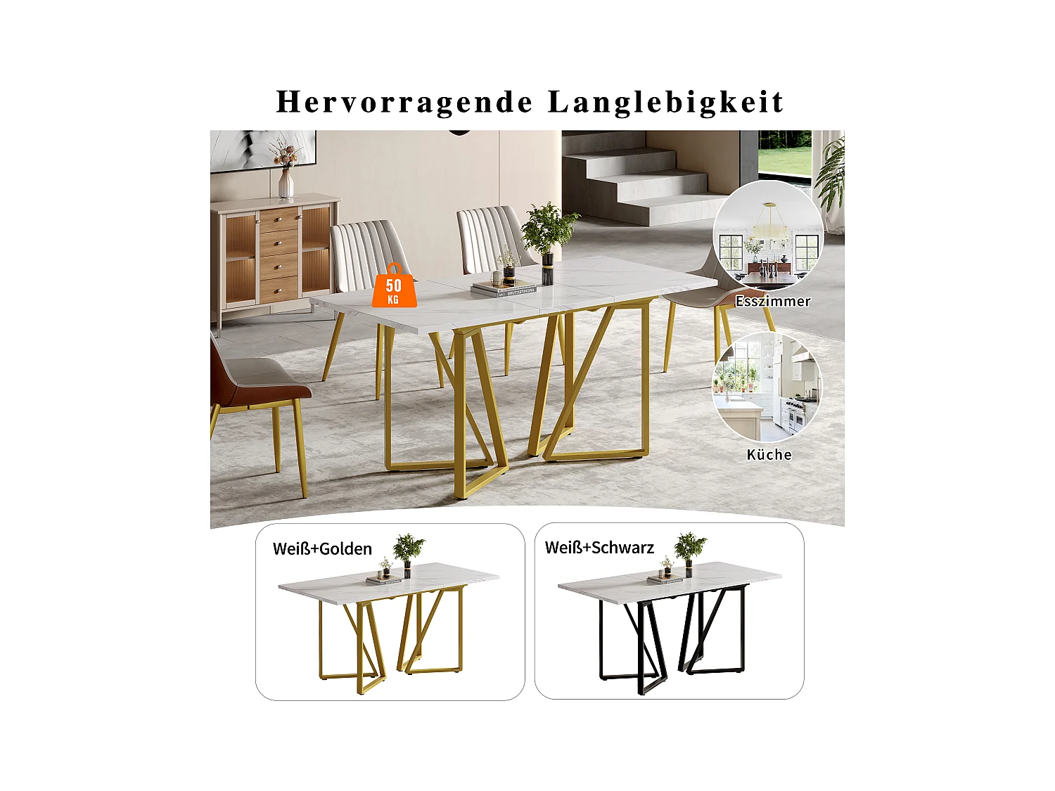 Table à manger extensible - 160 x 73 x 74 cm - avec pieds réglables - MDF + Métal - blanc + or