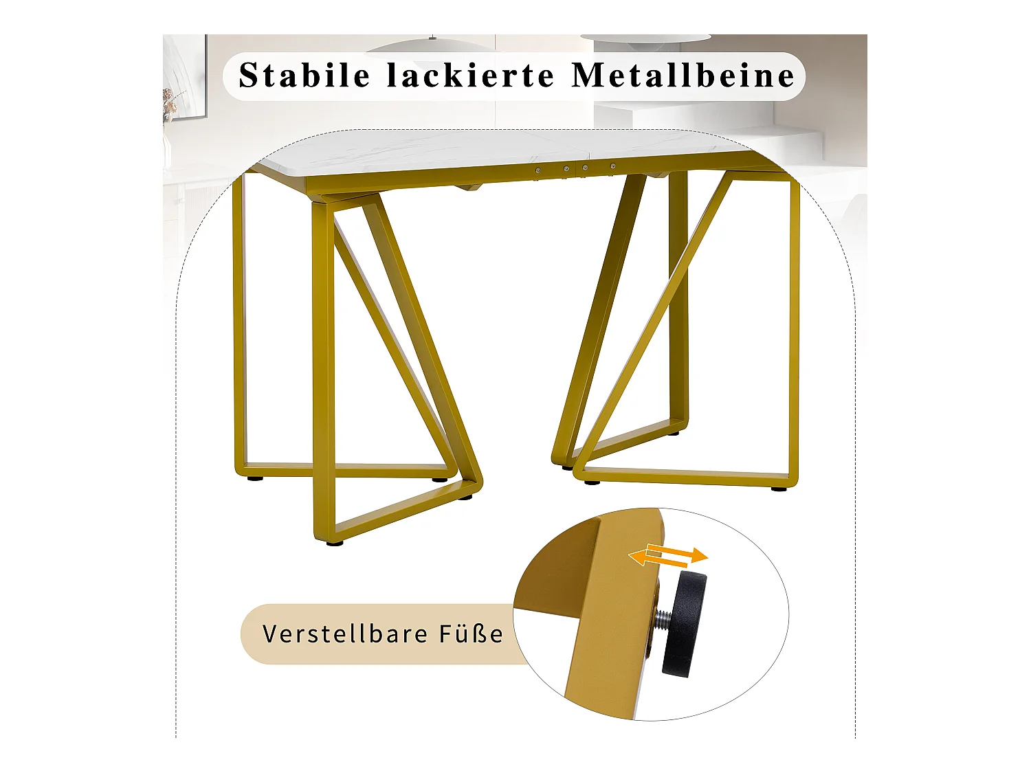 Table à manger extensible - 160 x 73 x 74 cm - avec pieds réglables - MDF + Métal - blanc + or