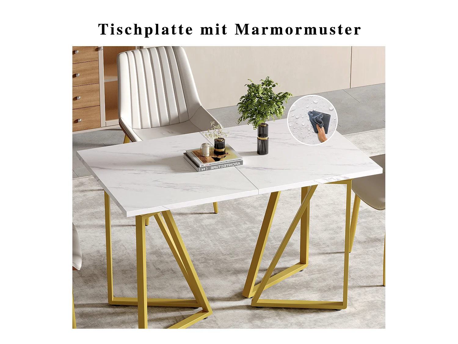 Table à manger extensible - 160 x 73 x 74 cm - avec pieds réglables - MDF + Métal - blanc + or