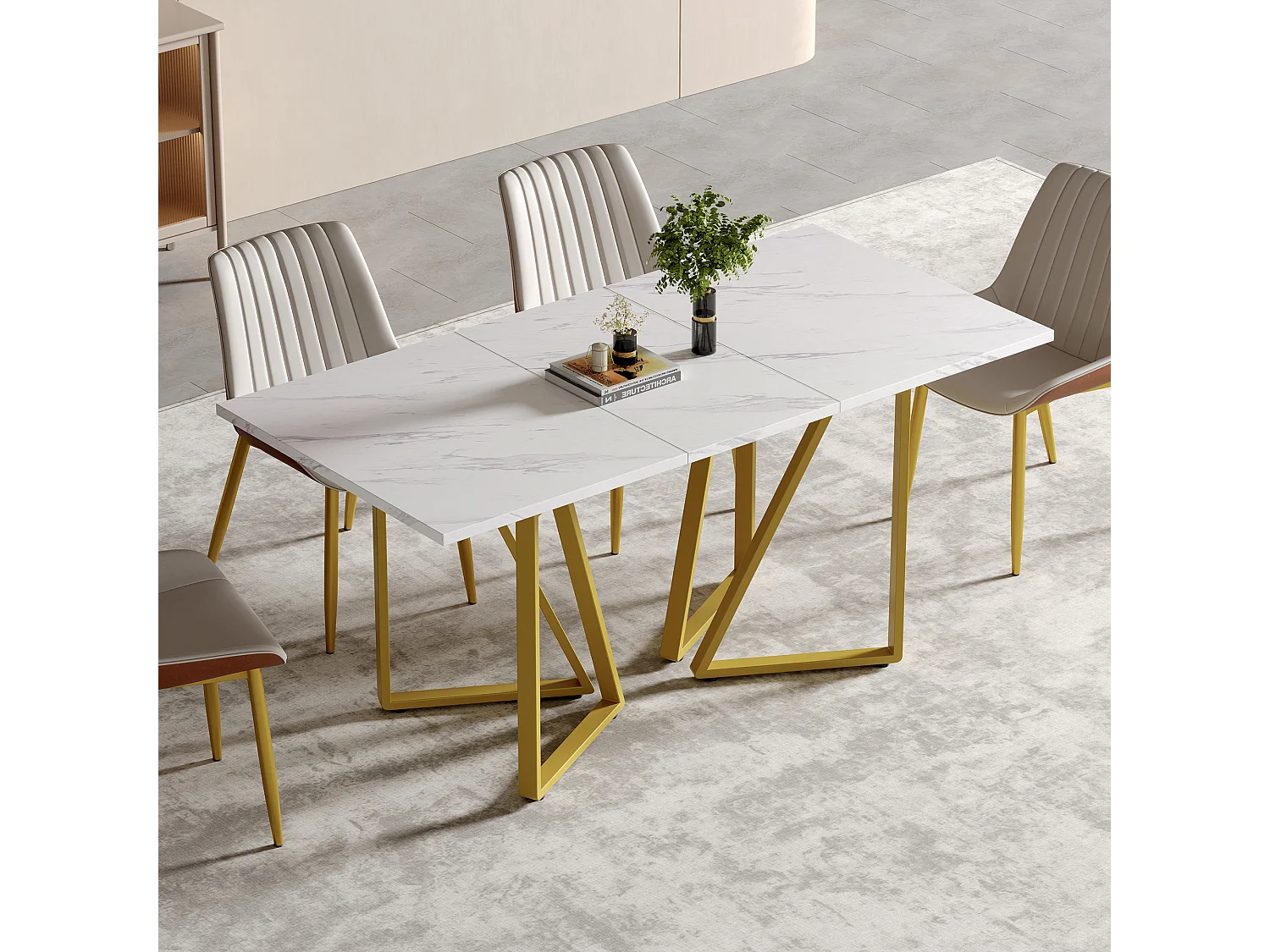 Table à manger extensible - 160 x 73 x 74 cm - avec pieds réglables - MDF + Métal - blanc + or