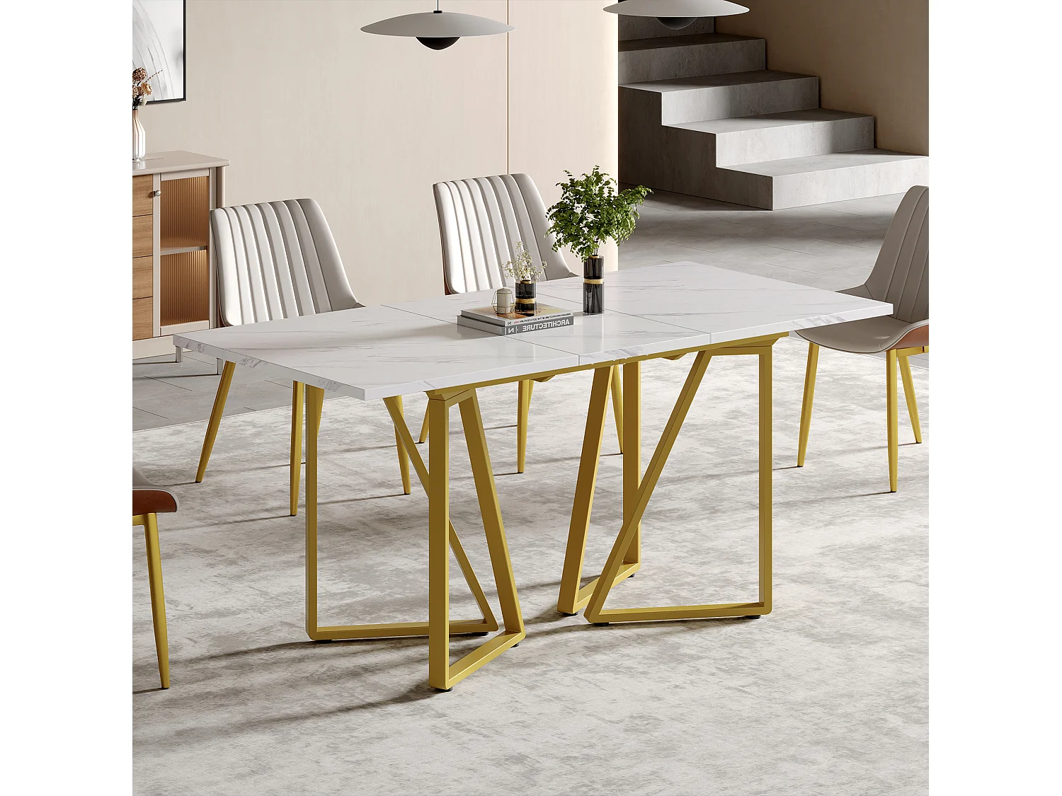 Table à manger extensible - 160 x 73 x 74 cm - avec pieds réglables - MDF + Métal - blanc + or
