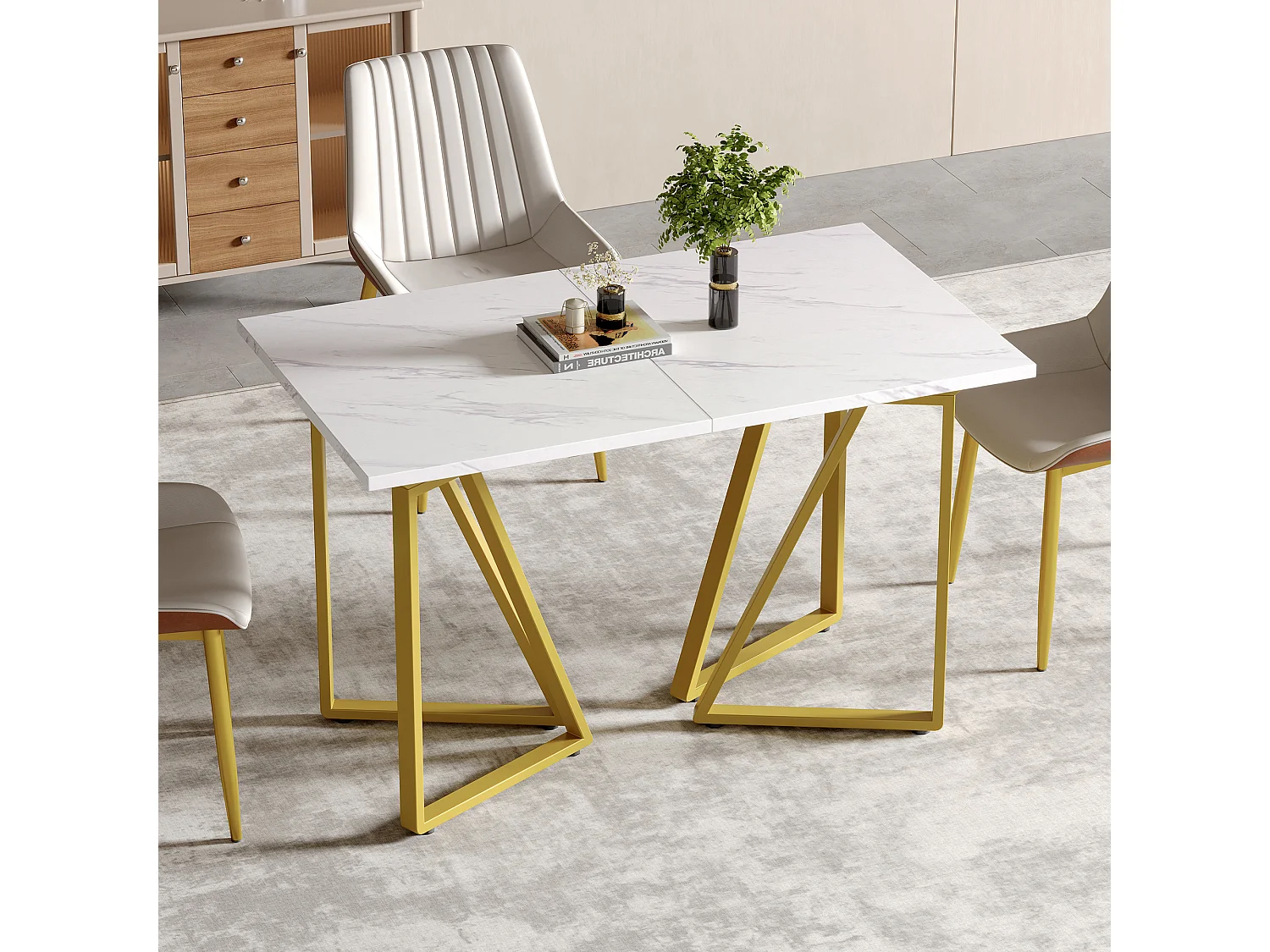 Table à manger extensible - 160 x 73 x 74 cm - avec pieds réglables - MDF + Métal - blanc + or