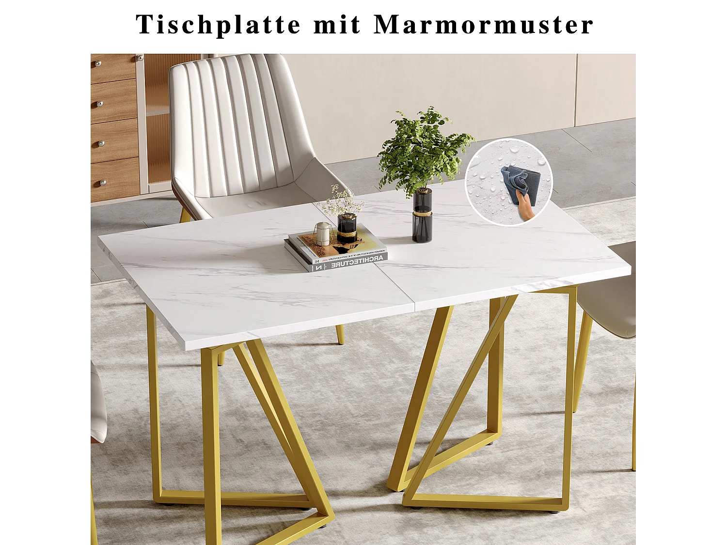 Table à manger extensible - 160 x 73 x 74 cm - avec pieds réglables - MDF + Métal - blanc + or