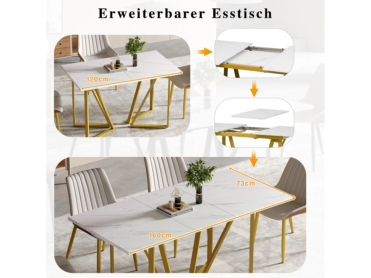 Table à manger extensible - 160 x 73 x 74 cm - avec pieds réglables - MDF + Métal - blanc + or