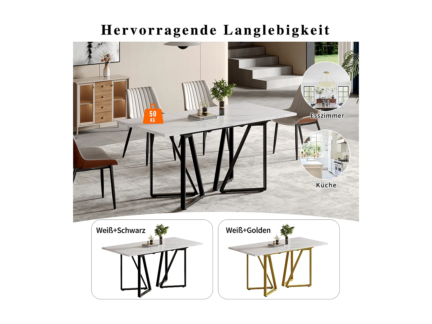 Table à manger extensible - 160 x 73 x 74 cm - avec pieds réglables - MDF + Métal - blanc + noir