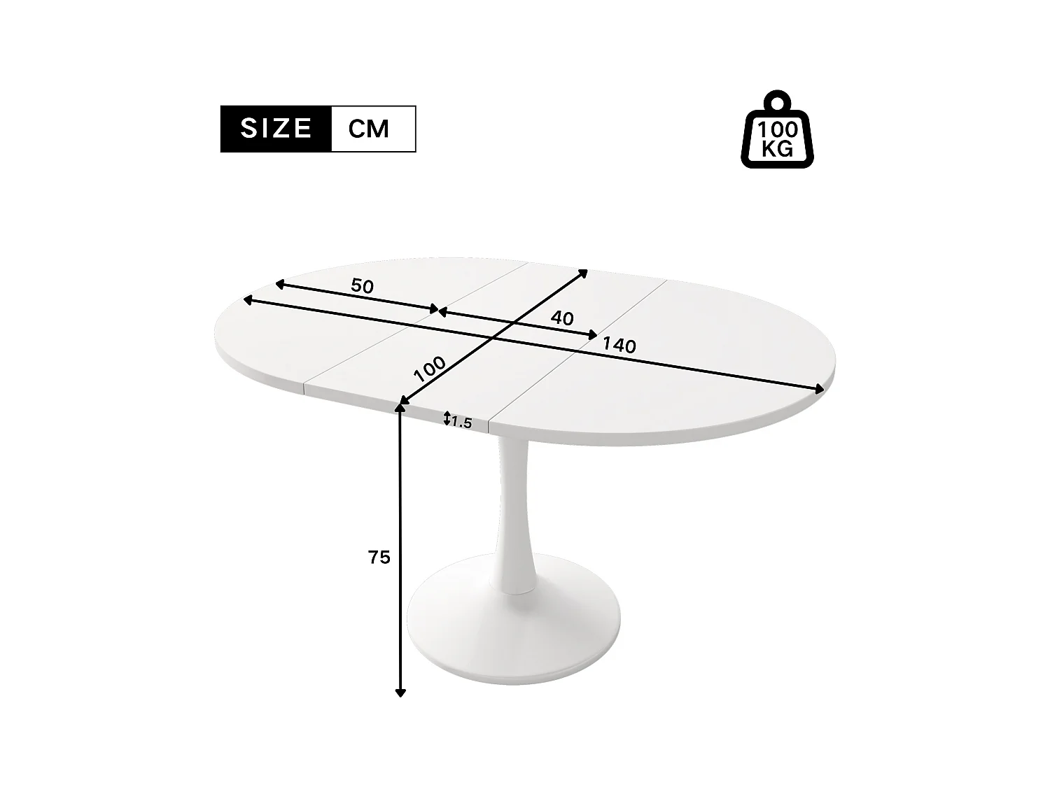 Table à manger extensible ovale 4-6 personnes 100/140x100cm en MDF avec Pied central, blanc