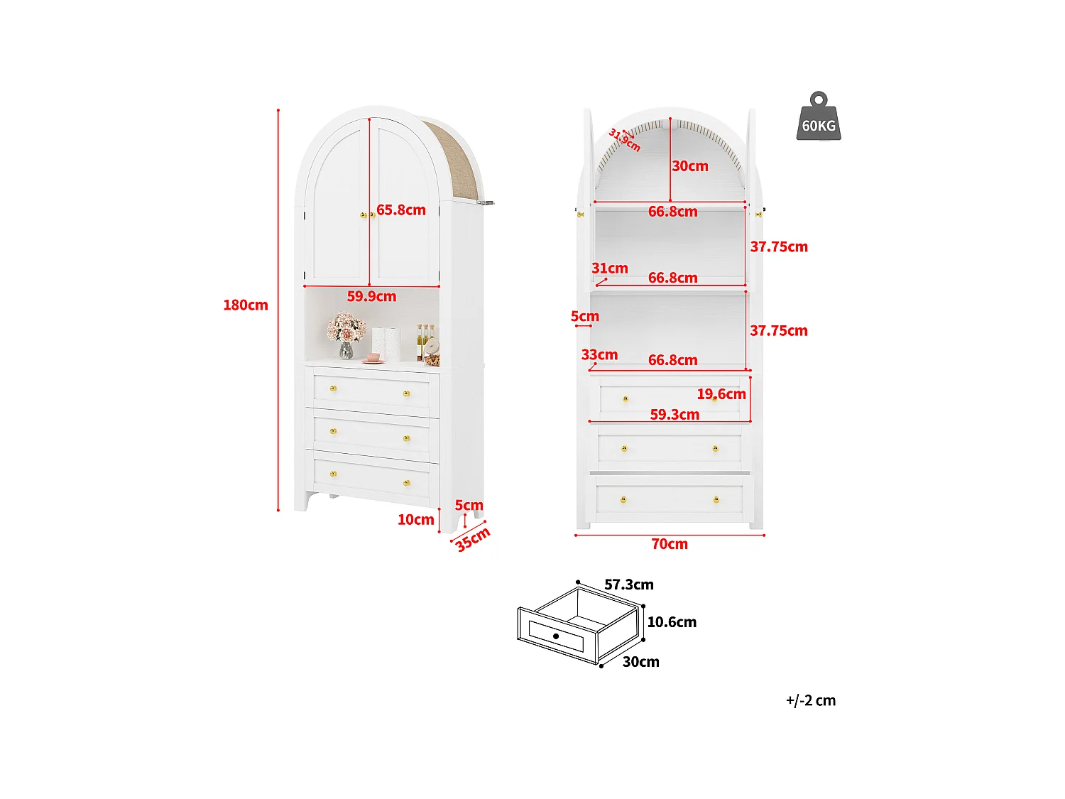 Buffet haute de rangement - 70 x 35 x 180 cm - en arc avec 3 tiroirs et 2 portes - MDF - blanc