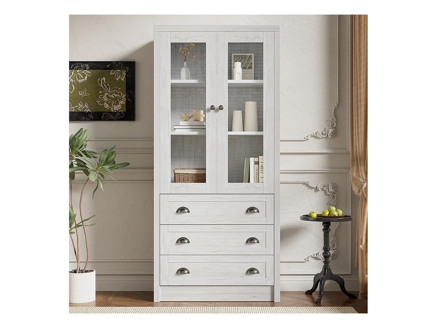 Buffet haut moderne - 80 x 34 x 171 cm – avec 2 portes vitrées + 3 tiroirs – aggloméré - naturel clair