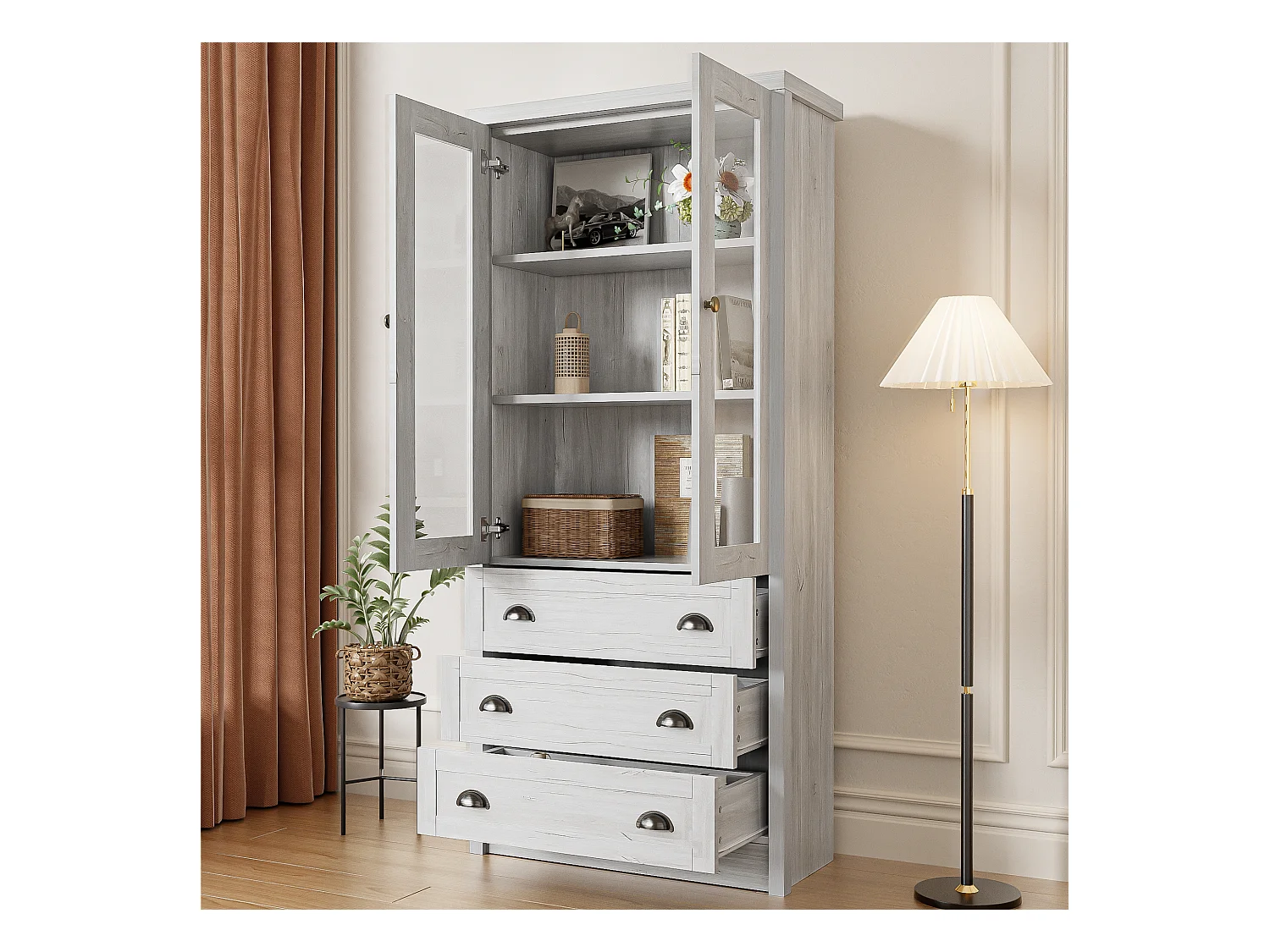 Buffet haut moderne - 80 x 34 x 171 cm – avec 2 portes vitrées + 3 tiroirs – aggloméré - naturel clair