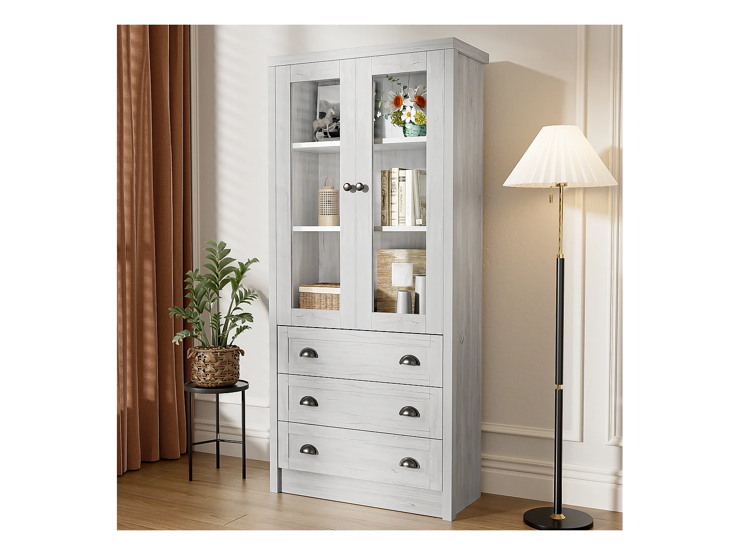 Buffet haut moderne - 80 x 34 x 171 cm – avec 2 portes vitrées + 3 tiroirs – aggloméré - naturel clair