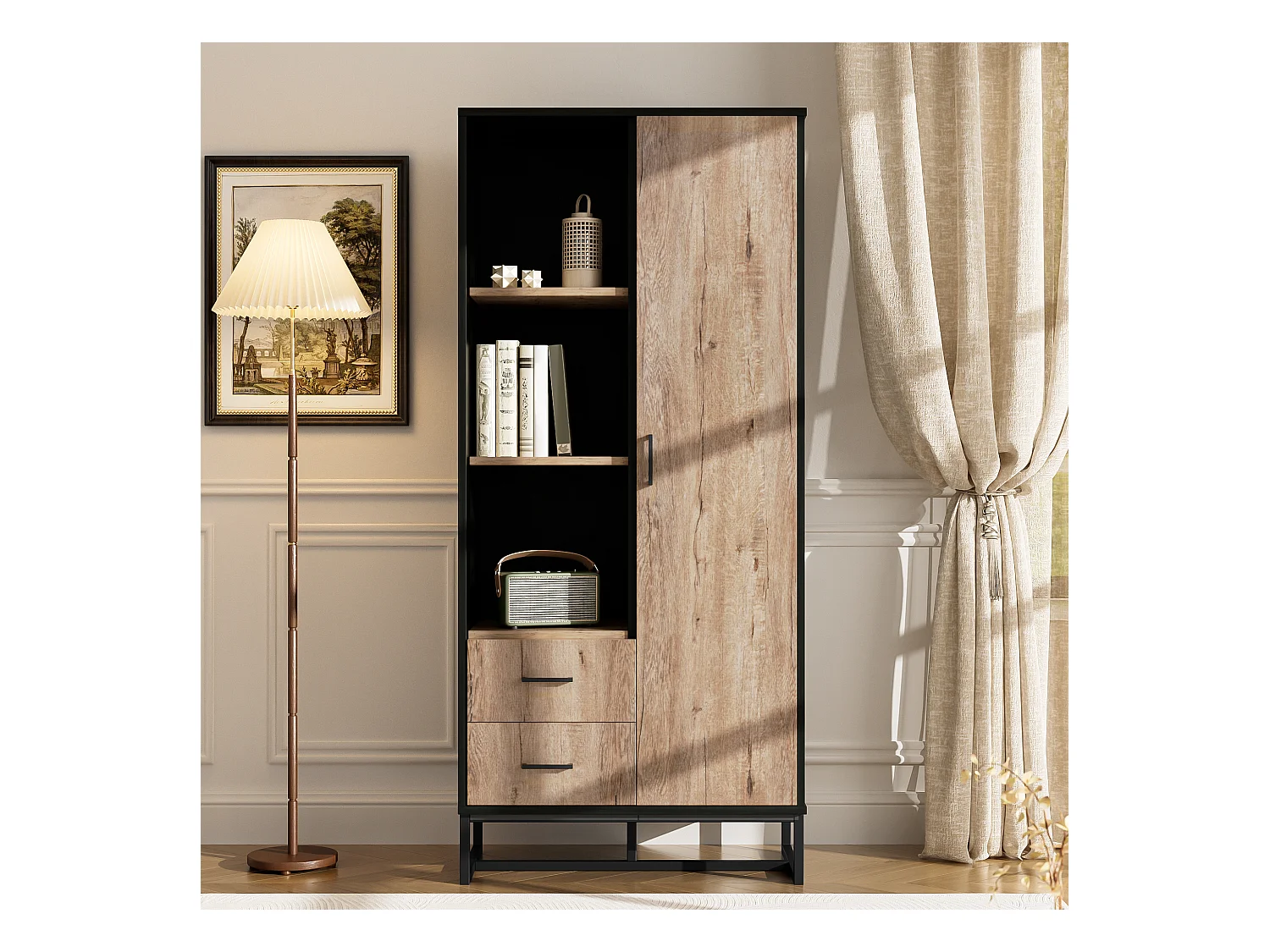 Buffet haut moderne - 80 x 40 x 180 cm – avec 1 porte + 2 tiroirs + 3 compartiments ouverts - aggloméré + MDF - noir