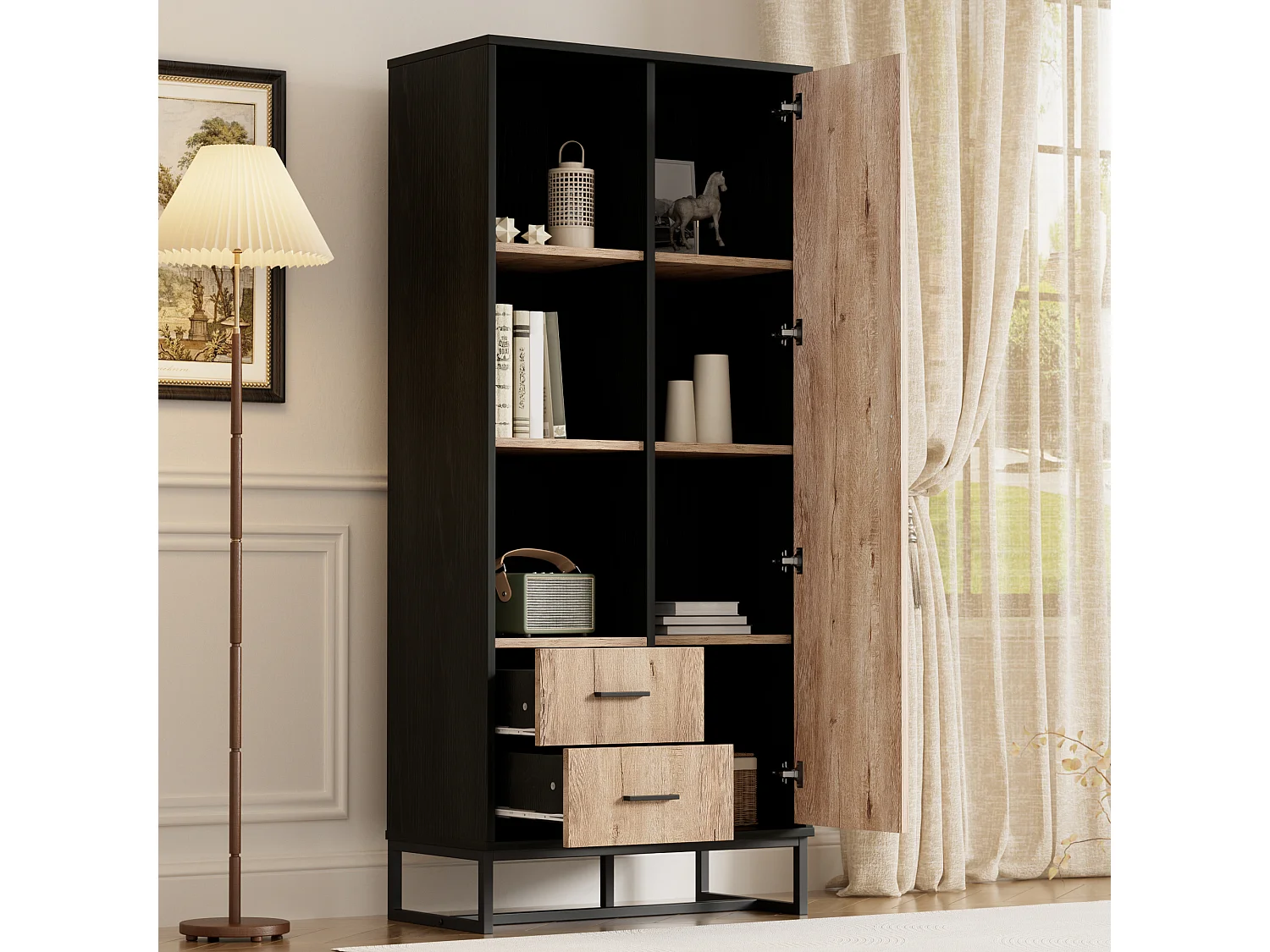 Buffet haut moderne - 80 x 40 x 180 cm – avec 1 porte + 2 tiroirs + 3 compartiments ouverts - aggloméré + MDF - noir