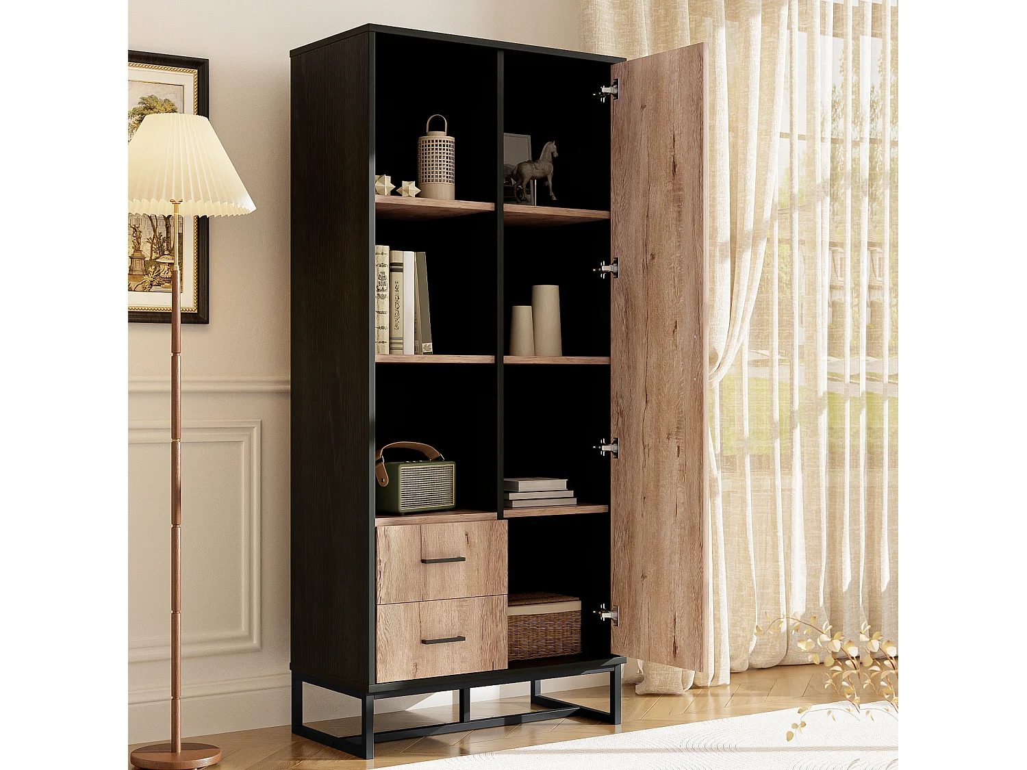 Buffet haut moderne - 80 x 40 x 180 cm – avec 1 porte + 2 tiroirs + 3 compartiments ouverts - aggloméré + MDF - noir