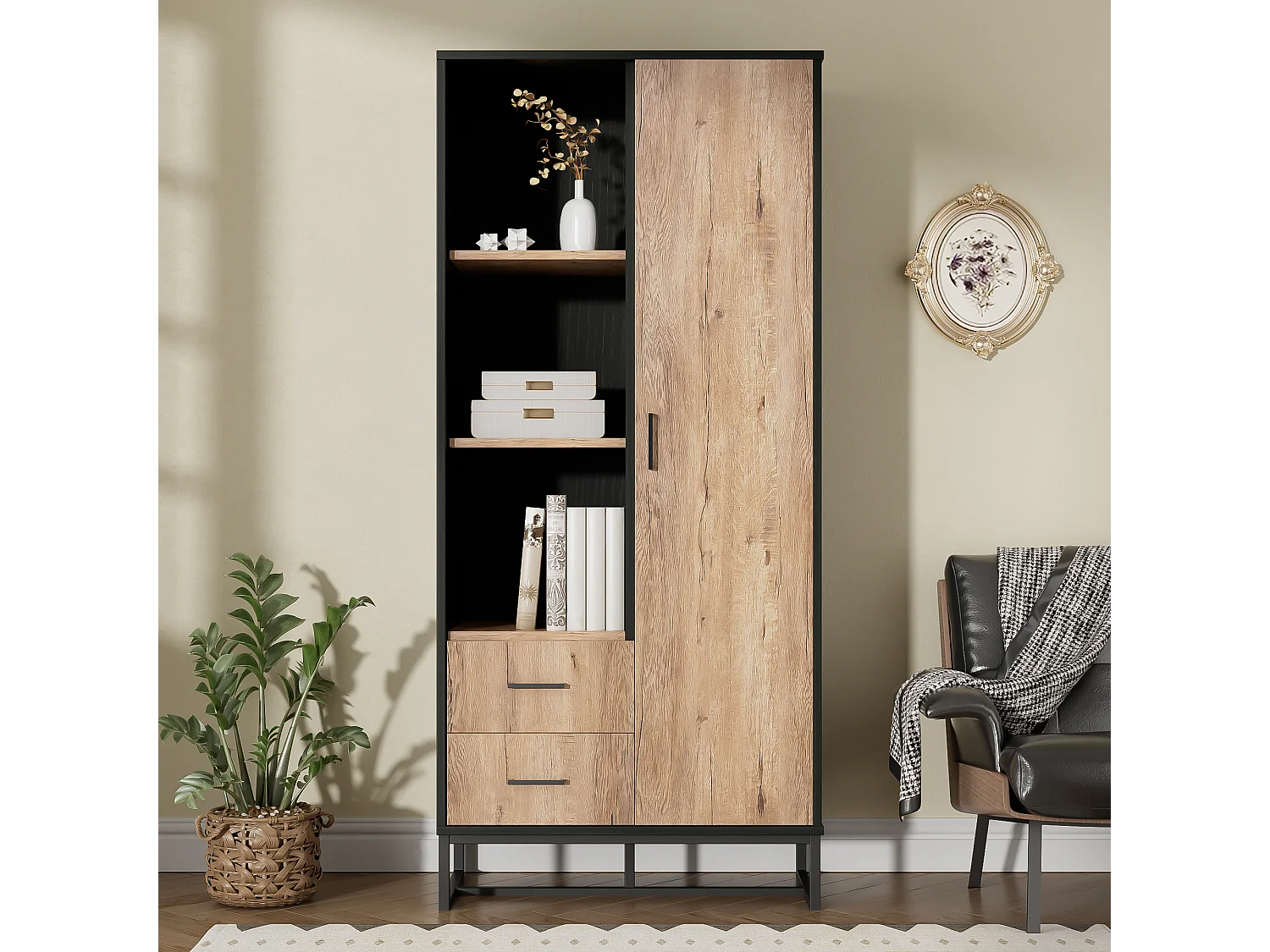 Buffet haut moderne - 80 x 40 x 180 cm – avec 1 porte + 2 tiroirs + 3 compartiments ouverts - aggloméré + MDF - noir