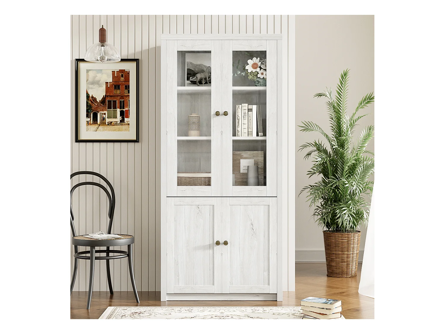 Buffet haut moderne -  80 x 34 x 171 cm – avec 4 portes – rangement - aggloméré - naturel clair