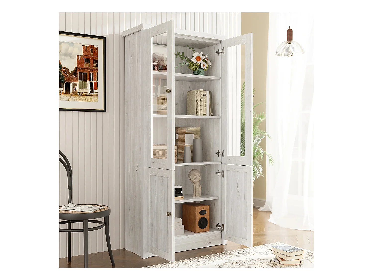 Buffet haut moderne -  80 x 34 x 171 cm – avec 4 portes – rangement - aggloméré - naturel clair