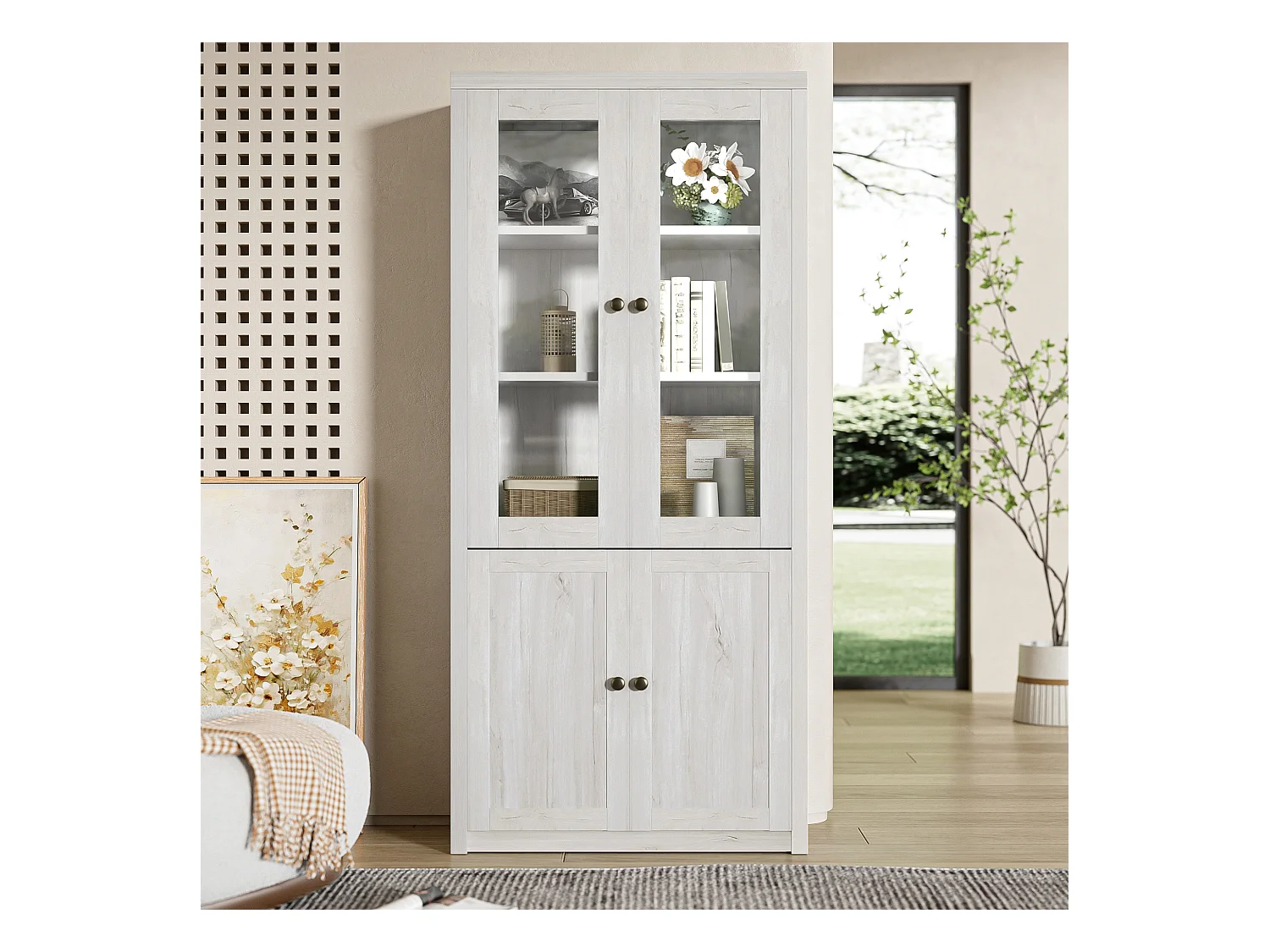Buffet haut moderne -  80 x 34 x 171 cm – avec 4 portes – rangement - aggloméré - naturel clair