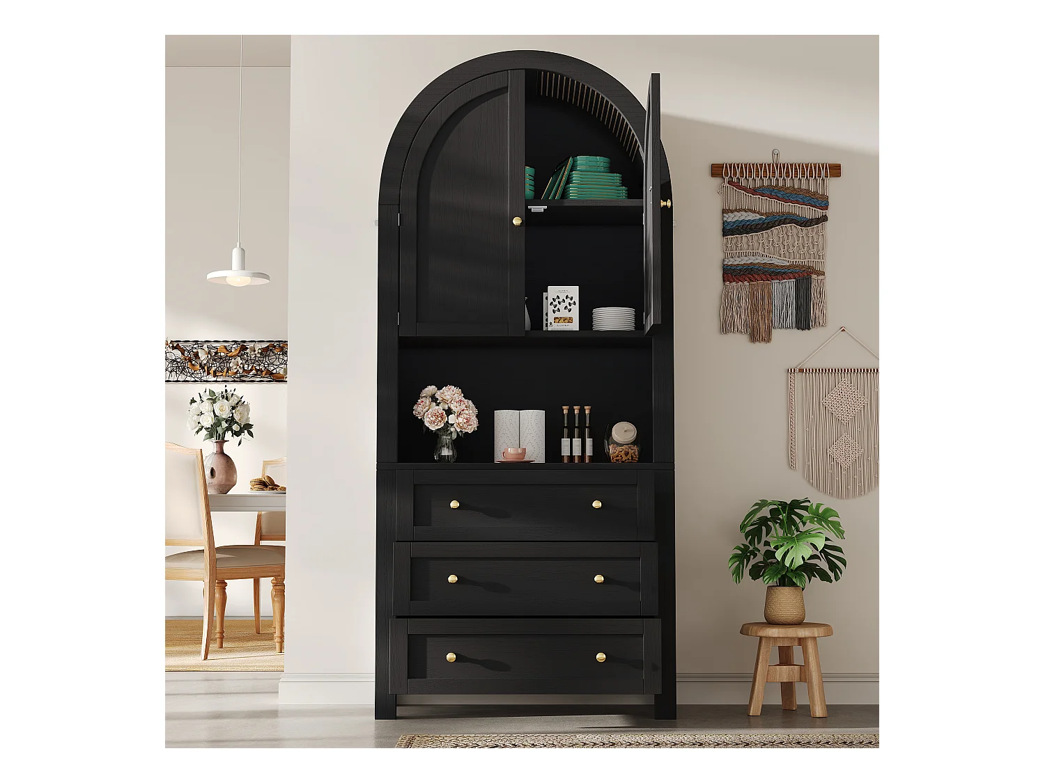 Buffet haute de rangement - 70 x 35 x 180 cm - en arc avec 3 tiroirs et 2 portes - MDF - noir