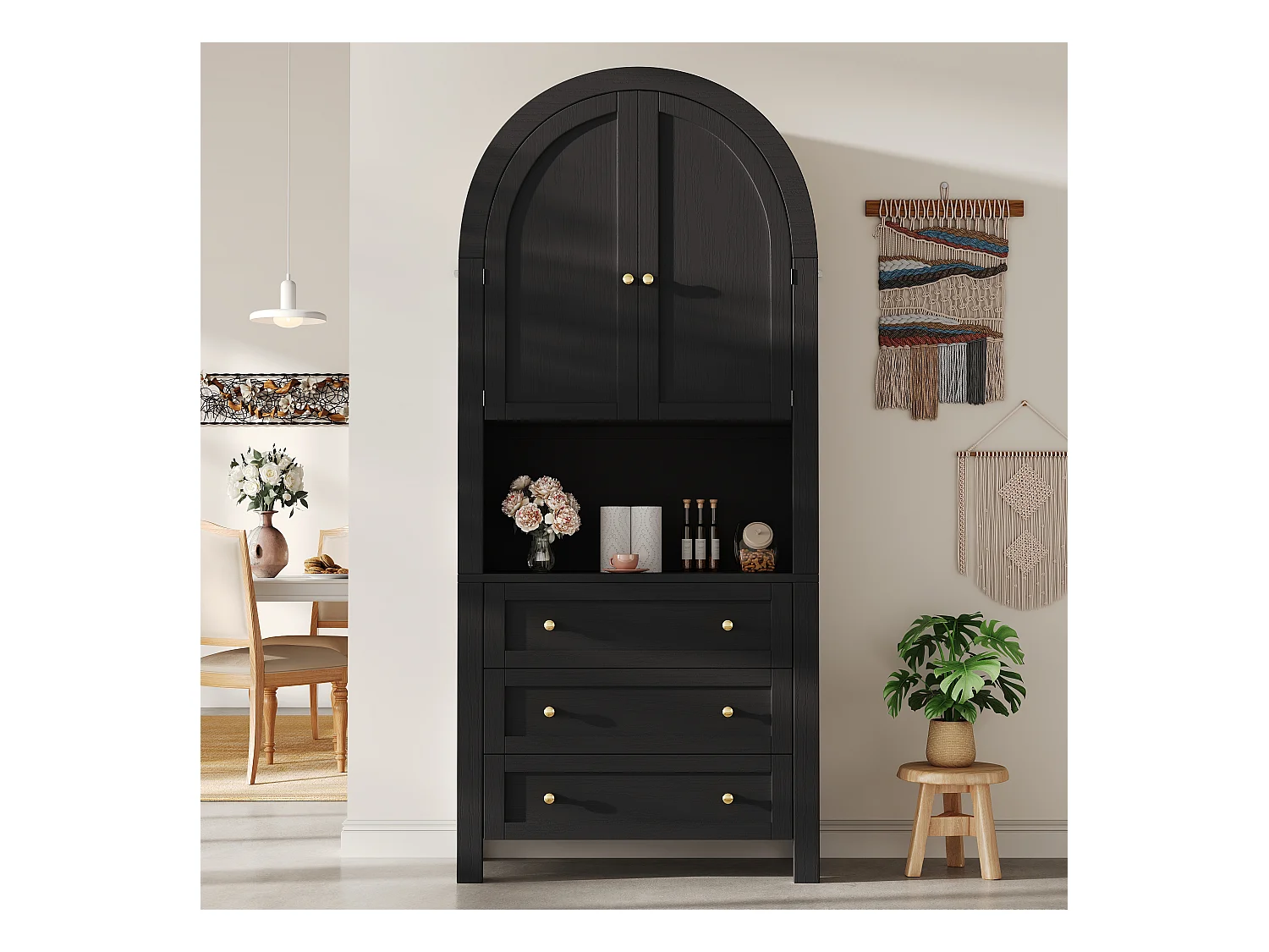 Buffet haute de rangement - 70 x 35 x 180 cm - en arc avec 3 tiroirs et 2 portes - MDF - noir