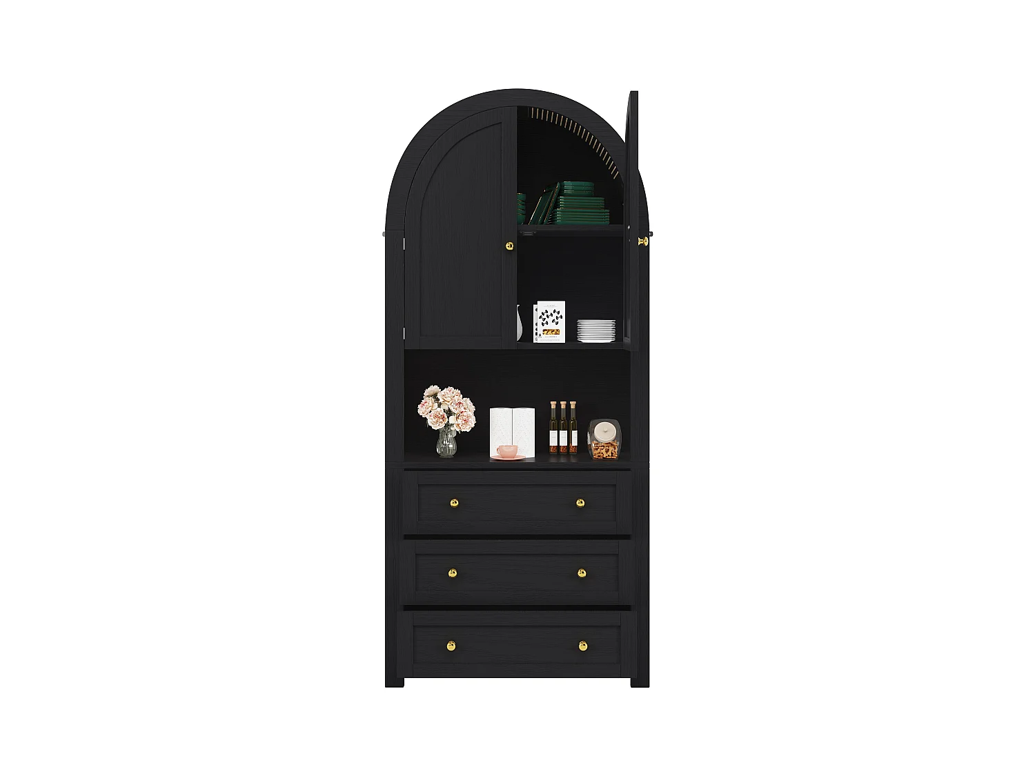 Buffet haute de rangement - 70 x 35 x 180 cm - en arc avec 3 tiroirs et 2 portes - MDF - noir