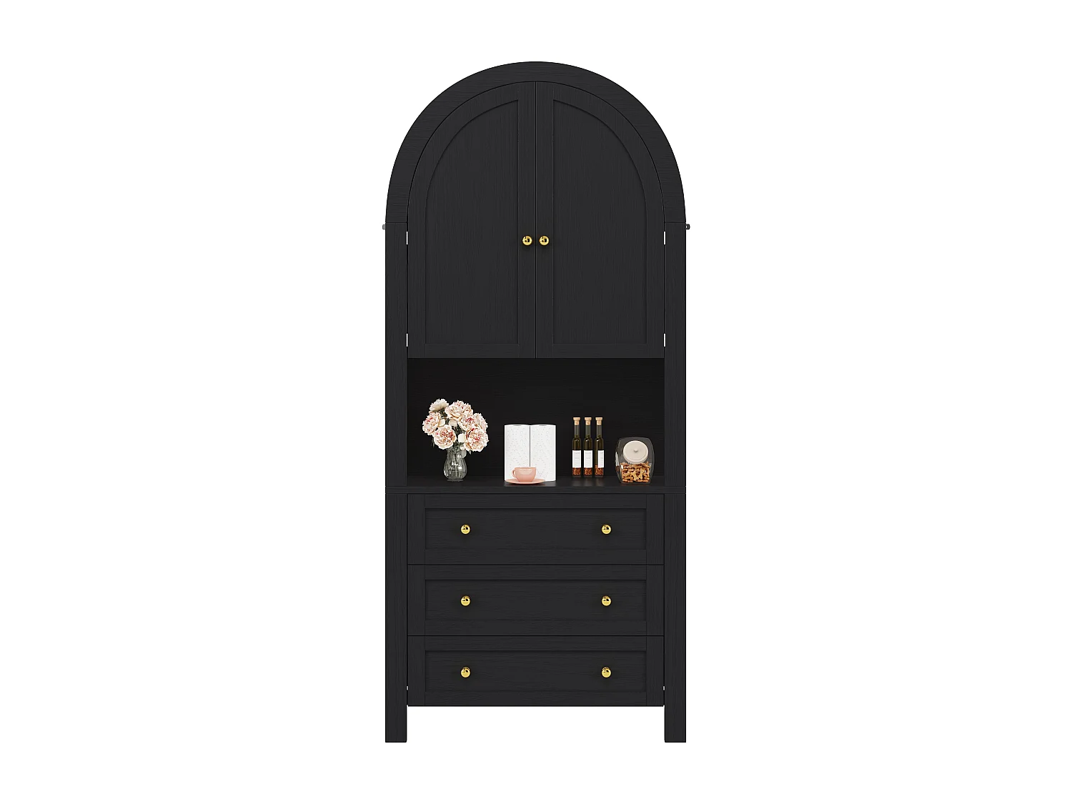 Buffet haute de rangement - 70 x 35 x 180 cm - en arc avec 3 tiroirs et 2 portes - MDF - noir