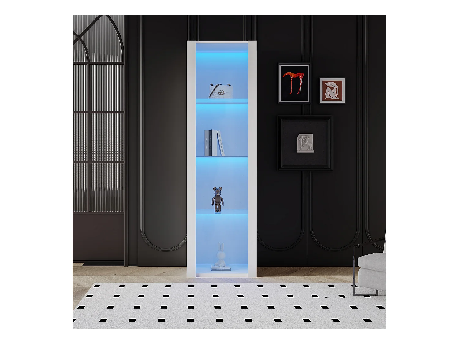 Witryna błyszcząca z diodami LED - 55 x 38 x 166 cm - 3 półki szklane - wysokie szafki do przechowywania - płyta wiórowa - biała