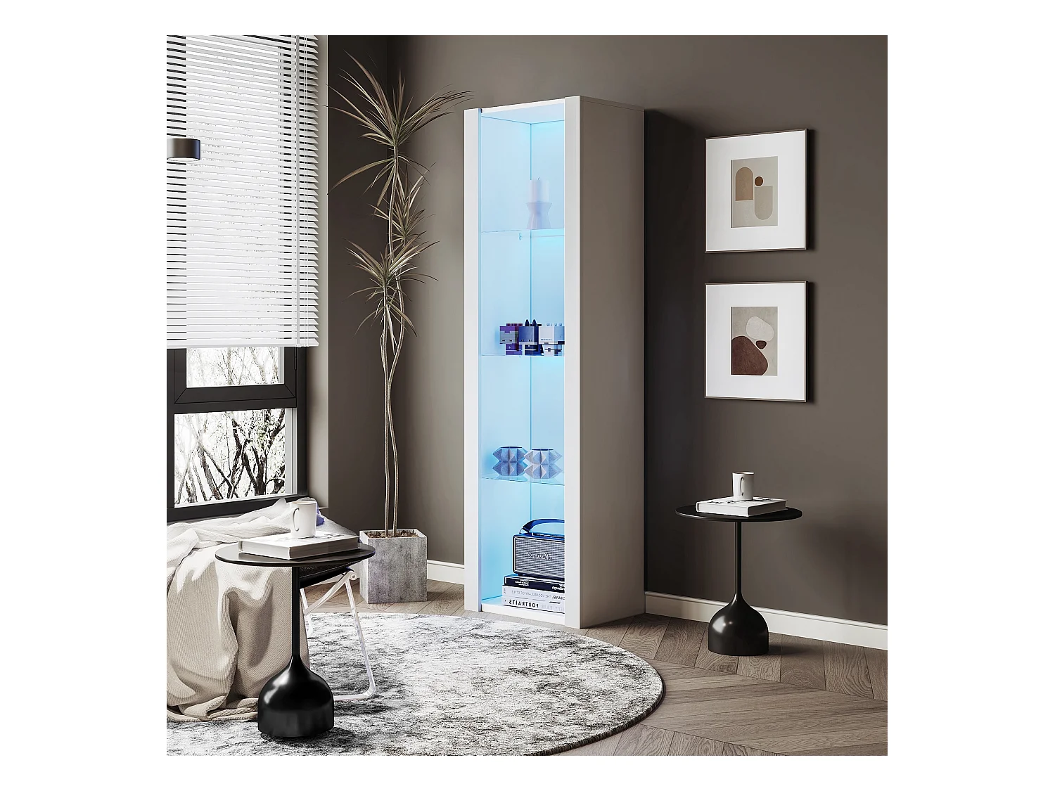 Witryna błyszcząca z diodami LED - 55 x 38 x 166 cm - 3 półki szklane - wysokie szafki do przechowywania - płyta wiórowa - biała