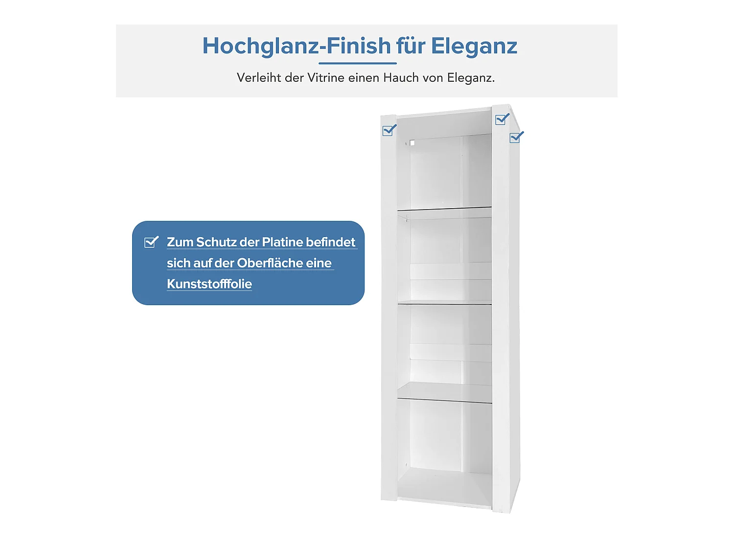 Witryna błyszcząca z diodami LED - 55 x 38 x 166 cm - 3 półki szklane - wysokie szafki do przechowywania - płyta wiórowa - biała