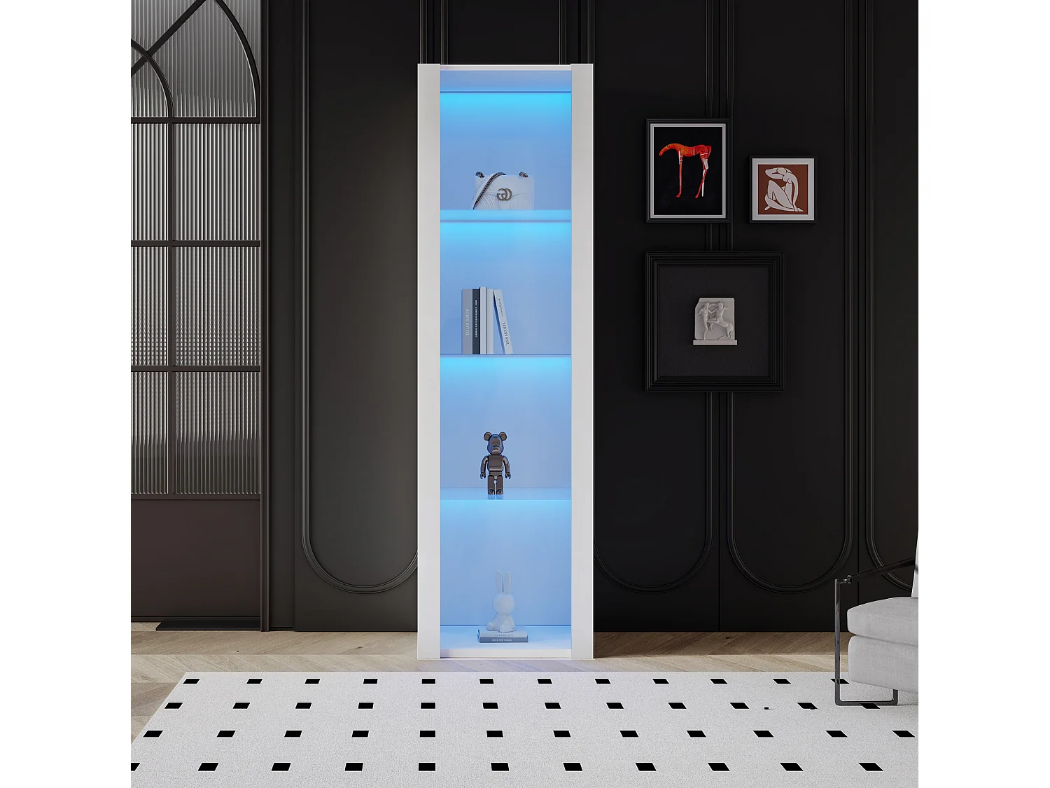 Vitrine brillante avec Leds - 55 x 38 x 166 cm - 3 étagères en verre - armoires hautes de rangement - aggloméré -blanc