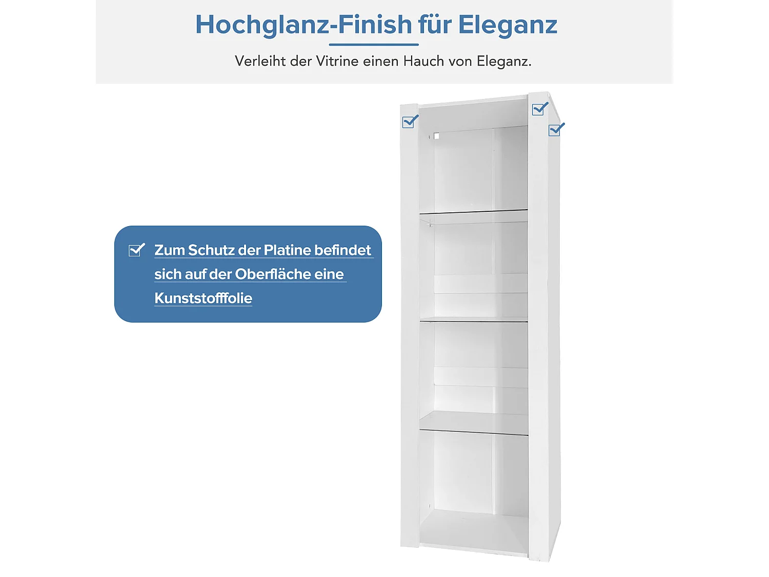 Vitrine brillante avec Leds - 55 x 38 x 166 cm - 3 étagères en verre - armoires hautes de rangement - aggloméré -blanc