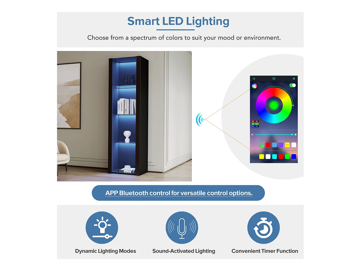 Glanzende vitrinekast met LED's - 55 x 38 x 166 cm - 3 glazen planken - hoge opbergkasten - spaanplaat - zwart