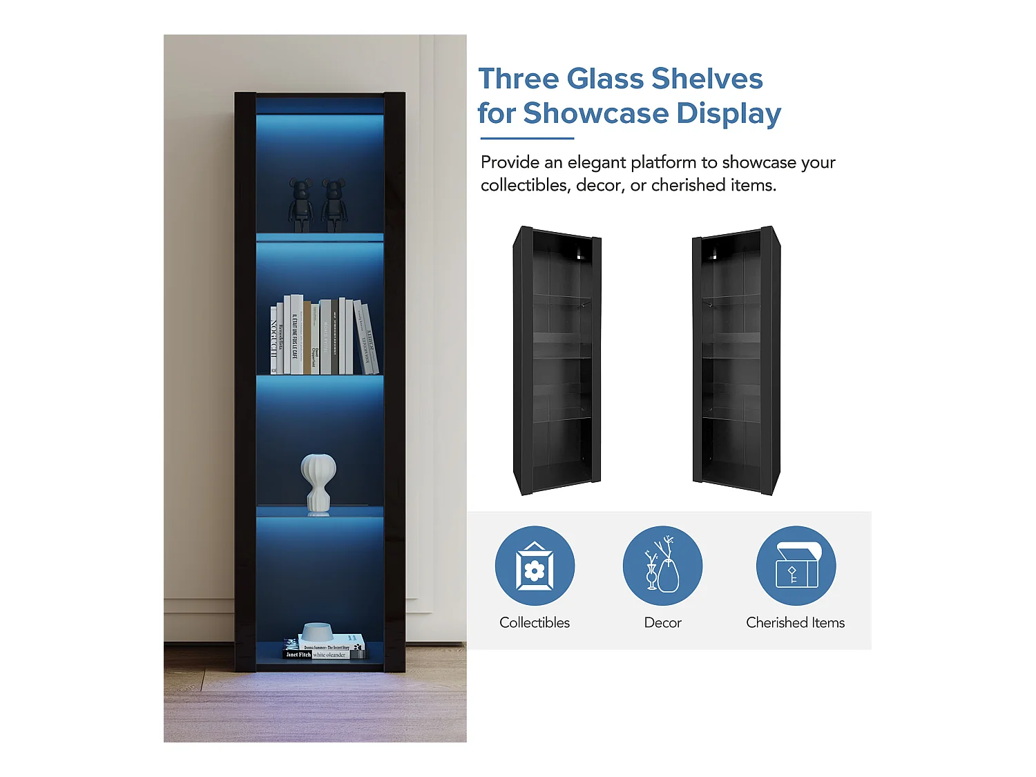 Glanzende vitrinekast met LED's - 55 x 38 x 166 cm - 3 glazen planken - hoge opbergkasten - spaanplaat - zwart