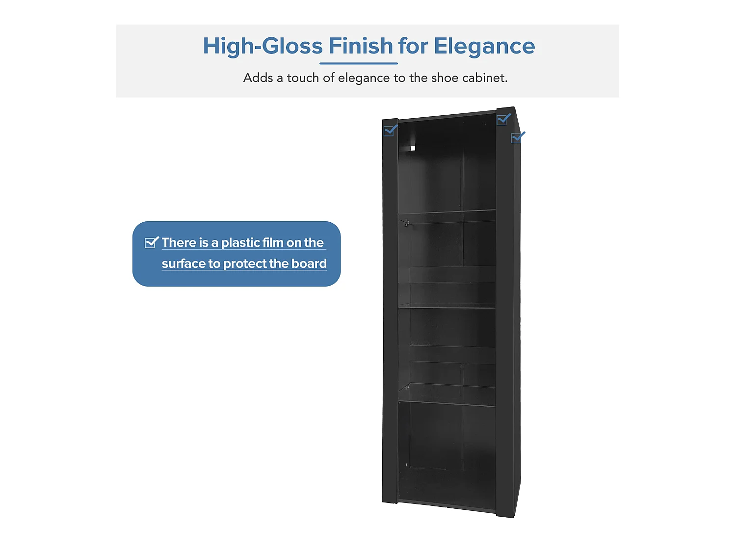 Glanzende vitrinekast met LED's - 55 x 38 x 166 cm - 3 glazen planken - hoge opbergkasten - spaanplaat - zwart