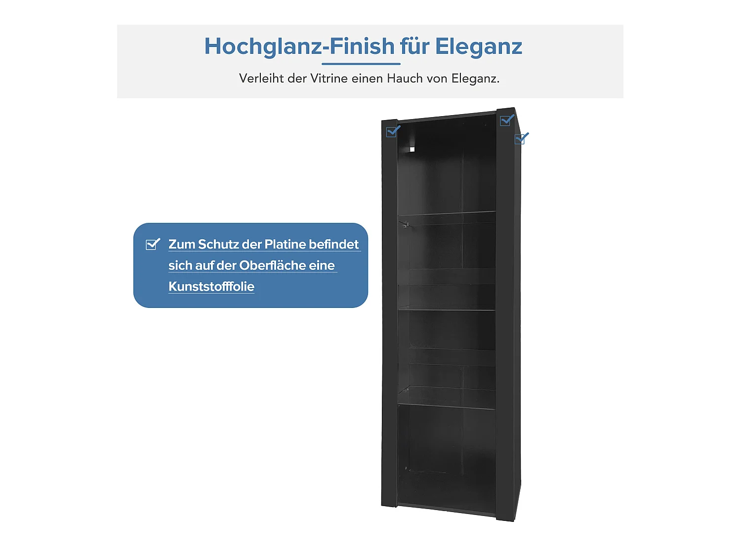 Glanzende vitrinekast met LED's - 55 x 38 x 166 cm - 3 glazen planken - hoge opbergkasten - spaanplaat - zwart