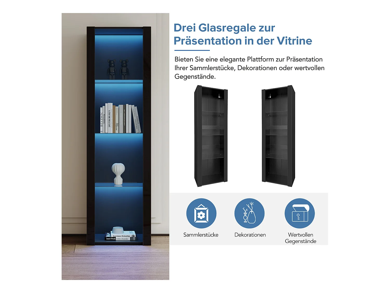 Glanzende vitrinekast met LED's - 55 x 38 x 166 cm - 3 glazen planken - hoge opbergkasten - spaanplaat - zwart