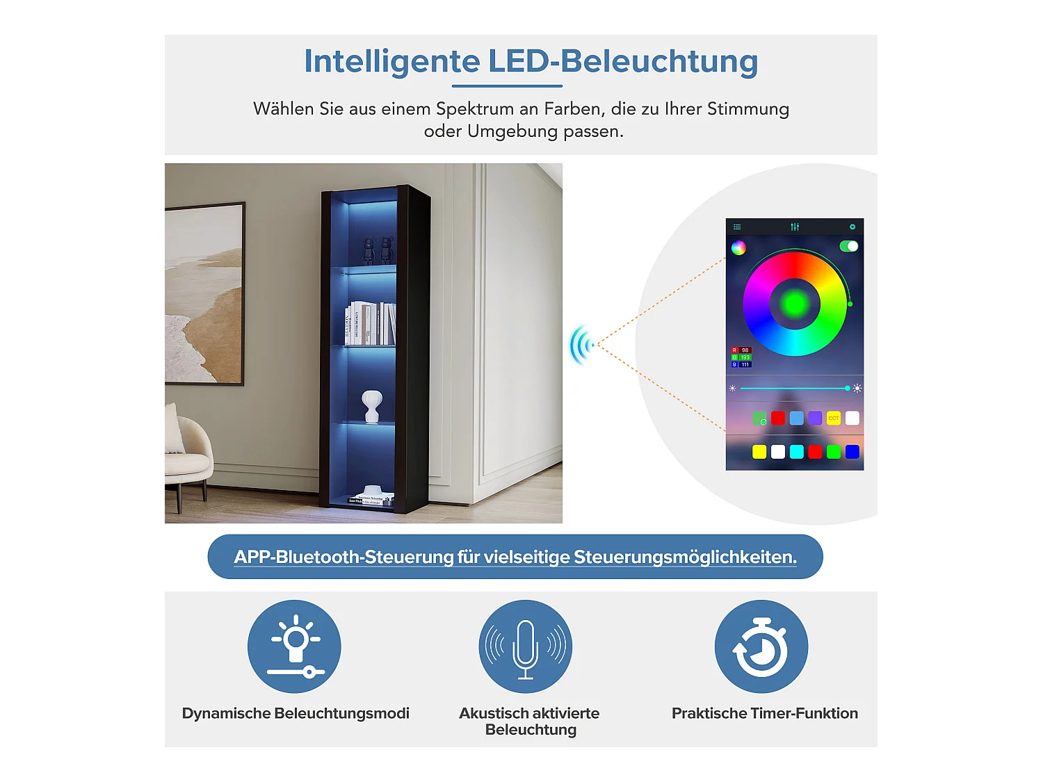 Glanzende vitrinekast met LED's - 55 x 38 x 166 cm - 3 glazen planken - hoge opbergkasten - spaanplaat - zwart