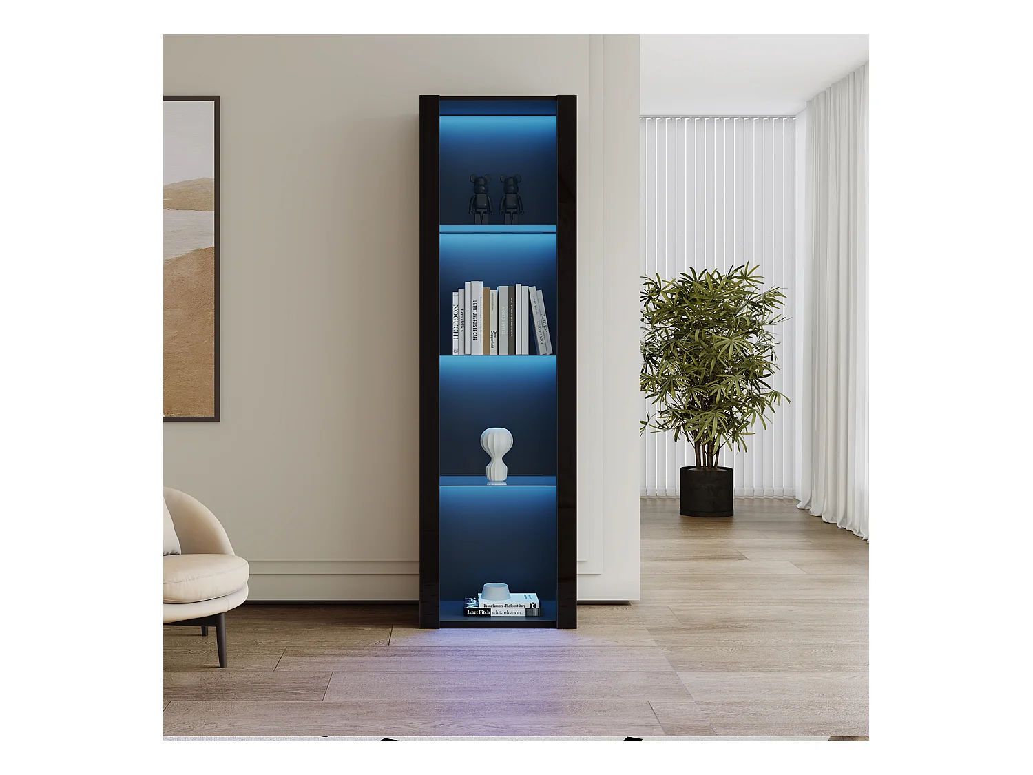 Vitrine brillante avec Leds - 55 x 38 x 166 cm - 3 étagères en verre - armoires hautes de rangement - aggloméré - noir