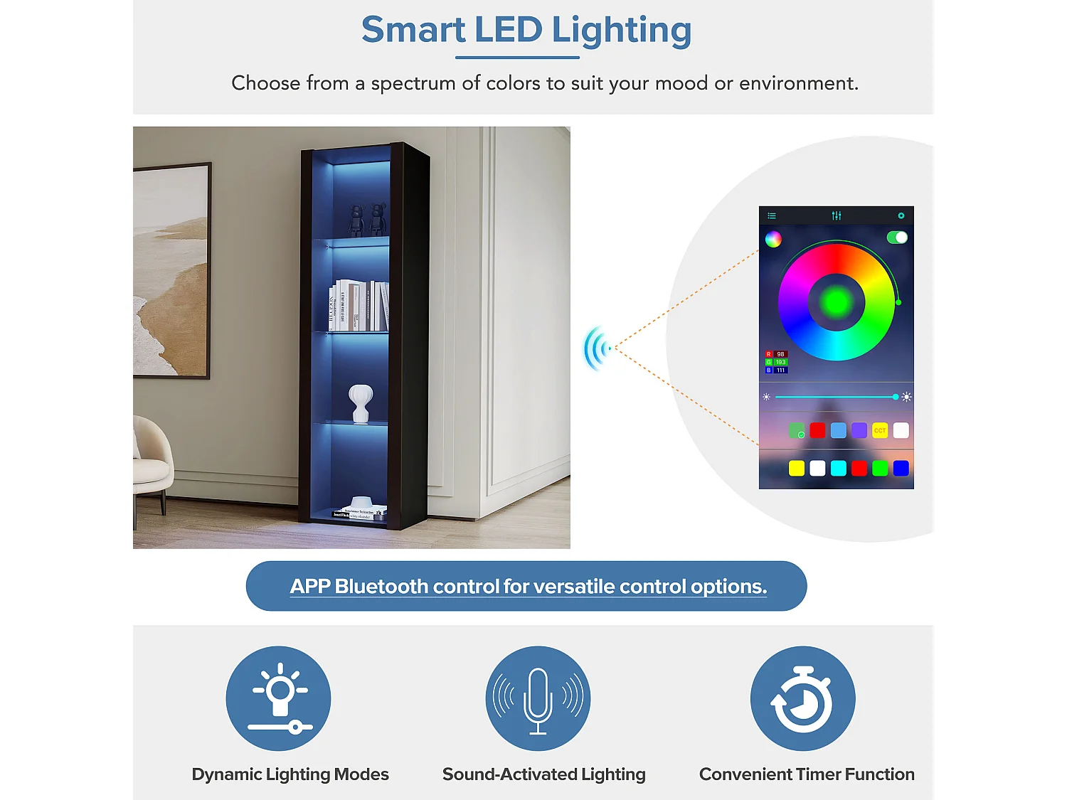 Vitrine brillante avec Leds - 55 x 38 x 166 cm - 3 étagères en verre - armoires hautes de rangement - aggloméré - noir