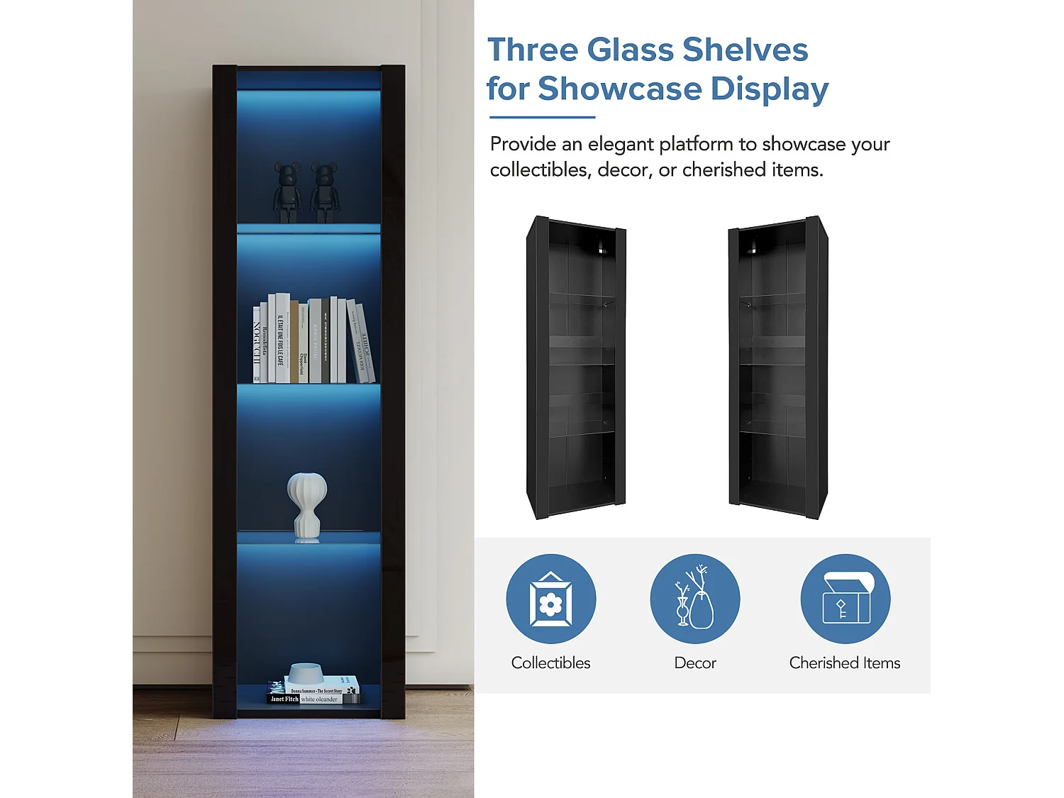 Vitrine brillante avec Leds - 55 x 38 x 166 cm - 3 étagères en verre - armoires hautes de rangement - aggloméré - noir