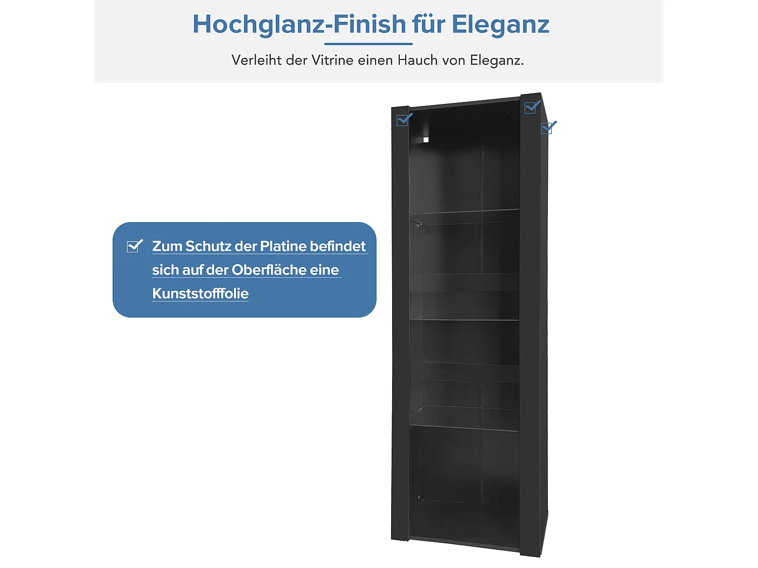 Vitrine brillante avec Leds - 55 x 38 x 166 cm - 3 étagères en verre - armoires hautes de rangement - aggloméré - noir