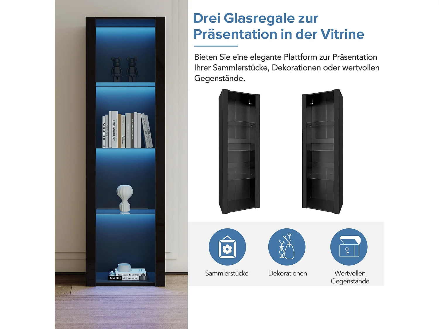 Vitrine brillante avec Leds - 55 x 38 x 166 cm - 3 étagères en verre - armoires hautes de rangement - aggloméré - noir