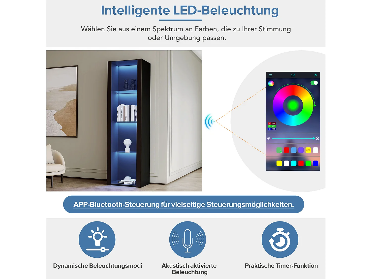 Vitrine brillante avec Leds - 55 x 38 x 166 cm - 3 étagères en verre - armoires hautes de rangement - aggloméré - noir