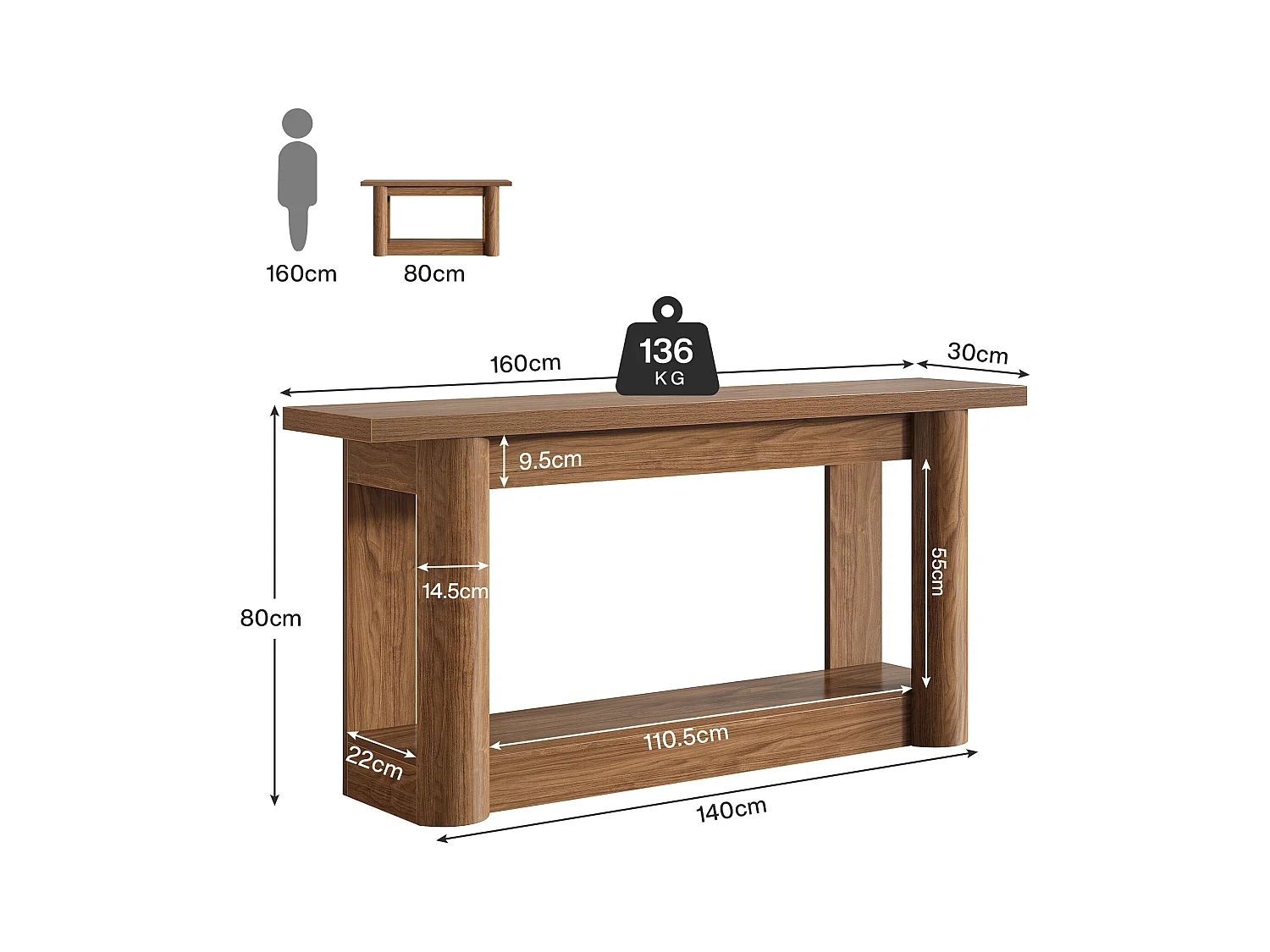 Table console de 160 cm, 2 niveaux de long, table de couloir avec rangement, marron rustique