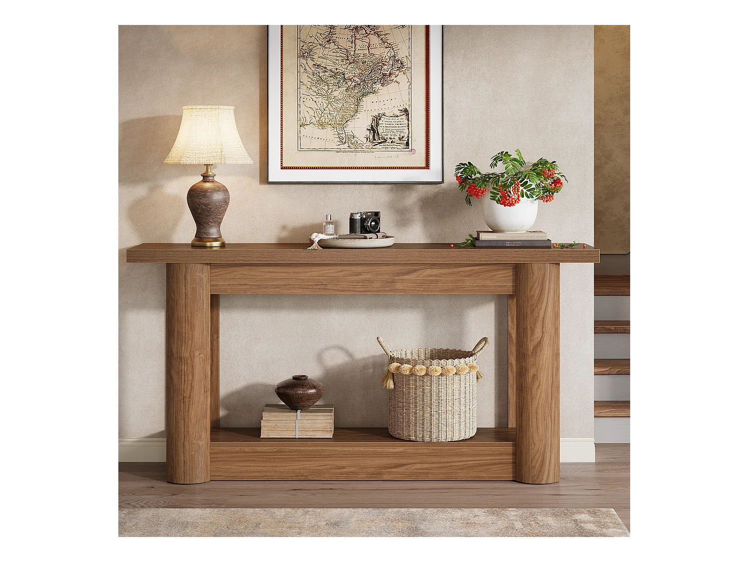 Table console de 160 cm, 2 niveaux de long, table de couloir avec rangement, marron rustique