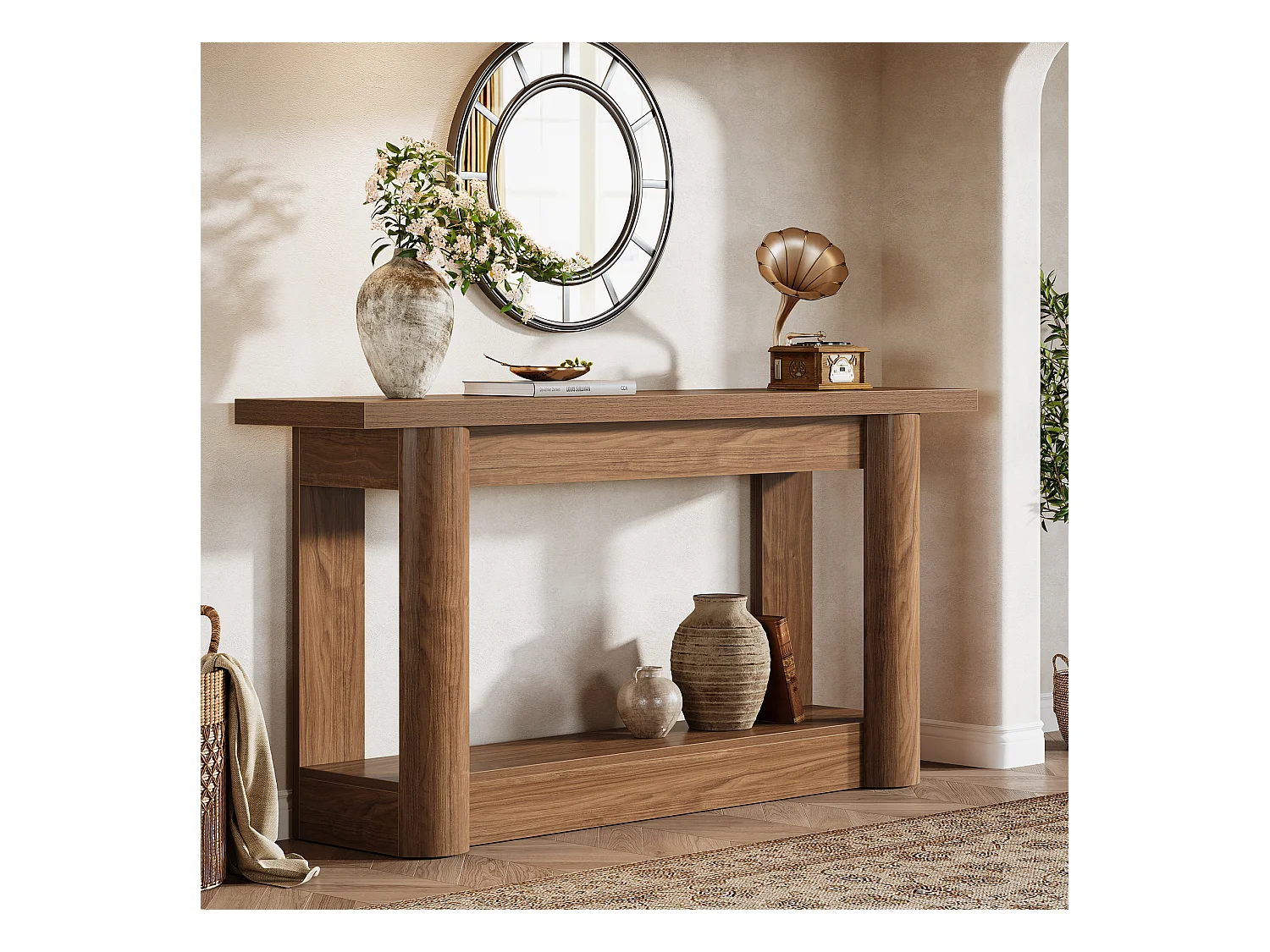 Table console de 160 cm, 2 niveaux de long, table de couloir avec rangement, marron rustique