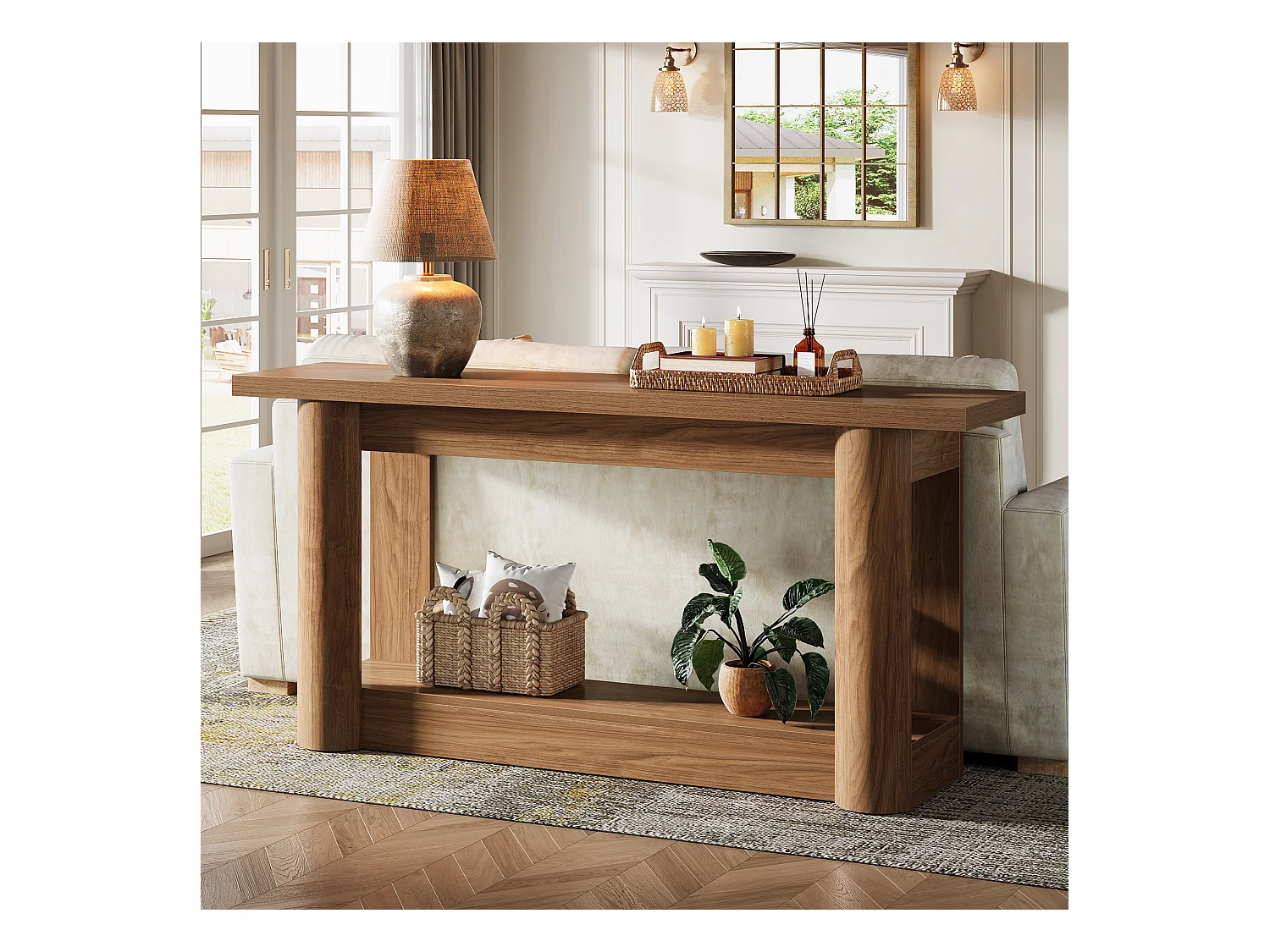 Table console de 160 cm, 2 niveaux de long, table de couloir avec rangement, marron rustique