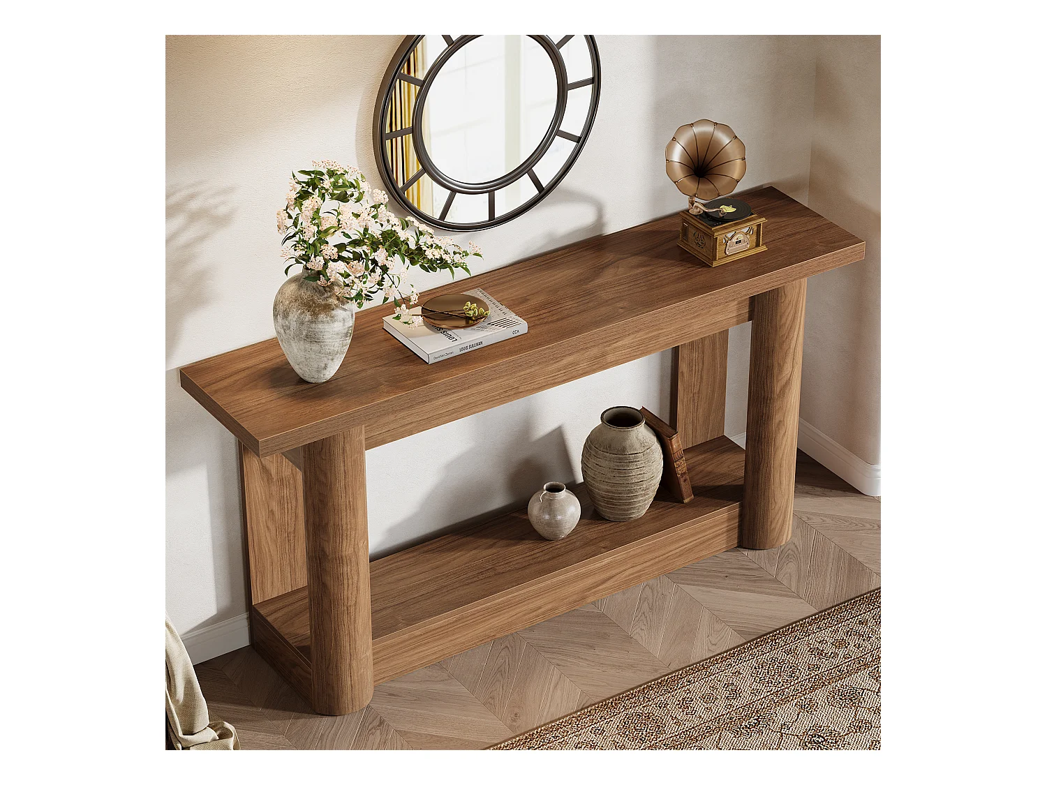 Table console de 160 cm, 2 niveaux de long, table de couloir avec rangement, marron rustique