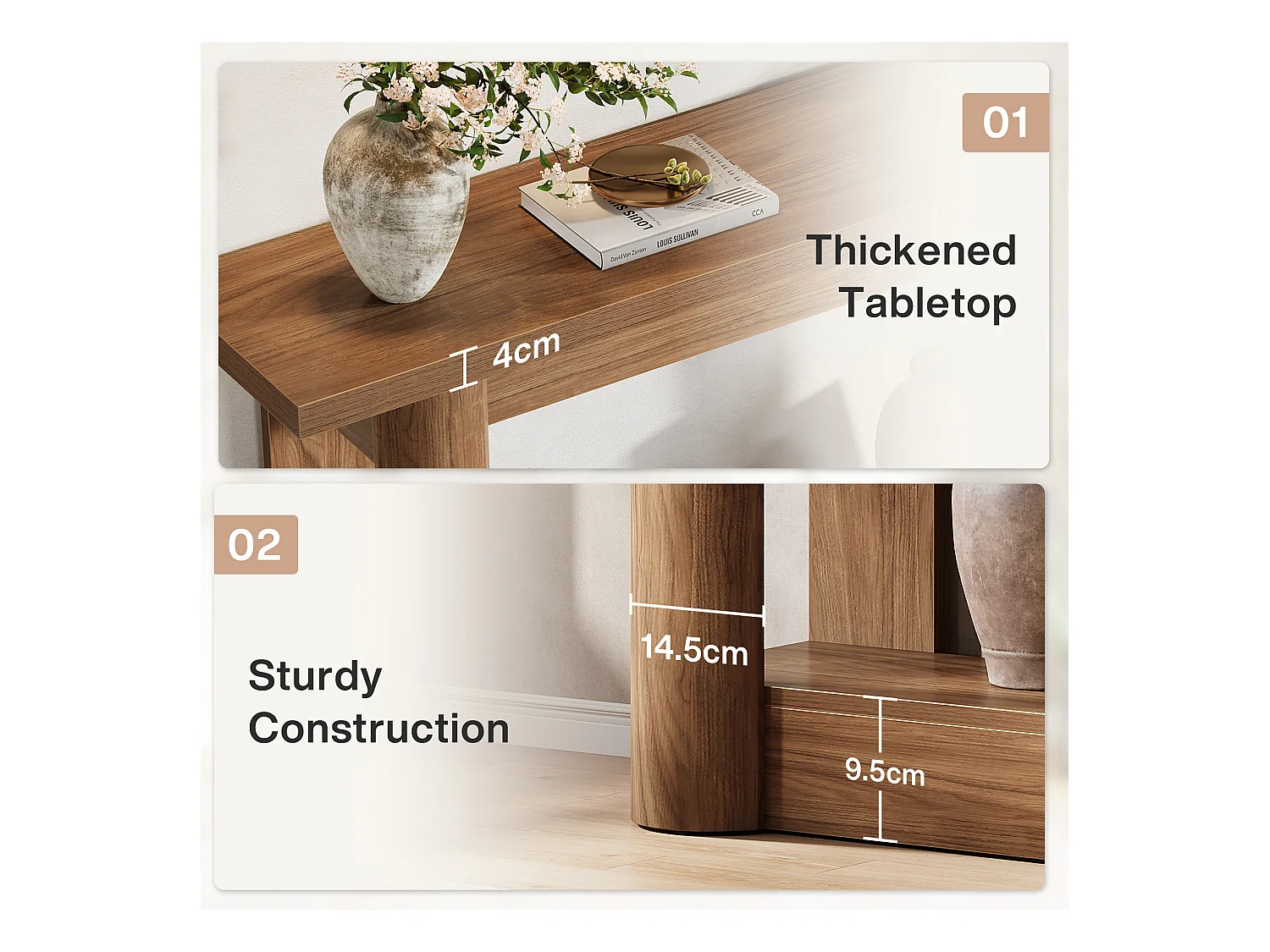 Table console de 160 cm, 2 niveaux de long, table de couloir avec rangement, marron rustique